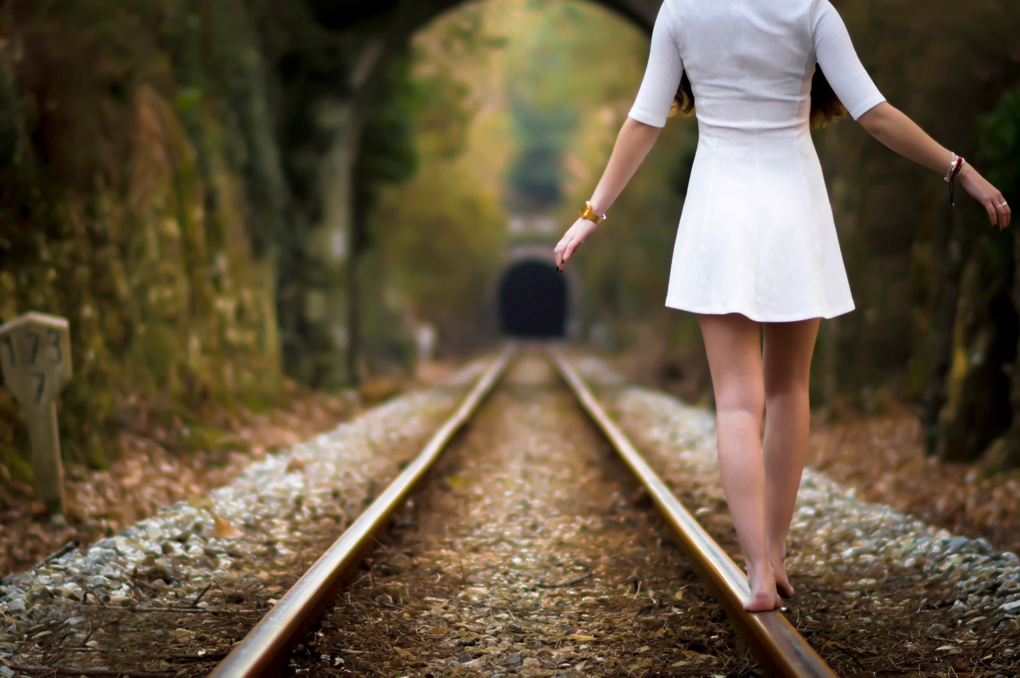 Wallpaper, sunlight, forest, women outdoors, depth of field, barefoot, white dress, railway, green, spring, walking, autumn, season, photograph, track 2048x1362