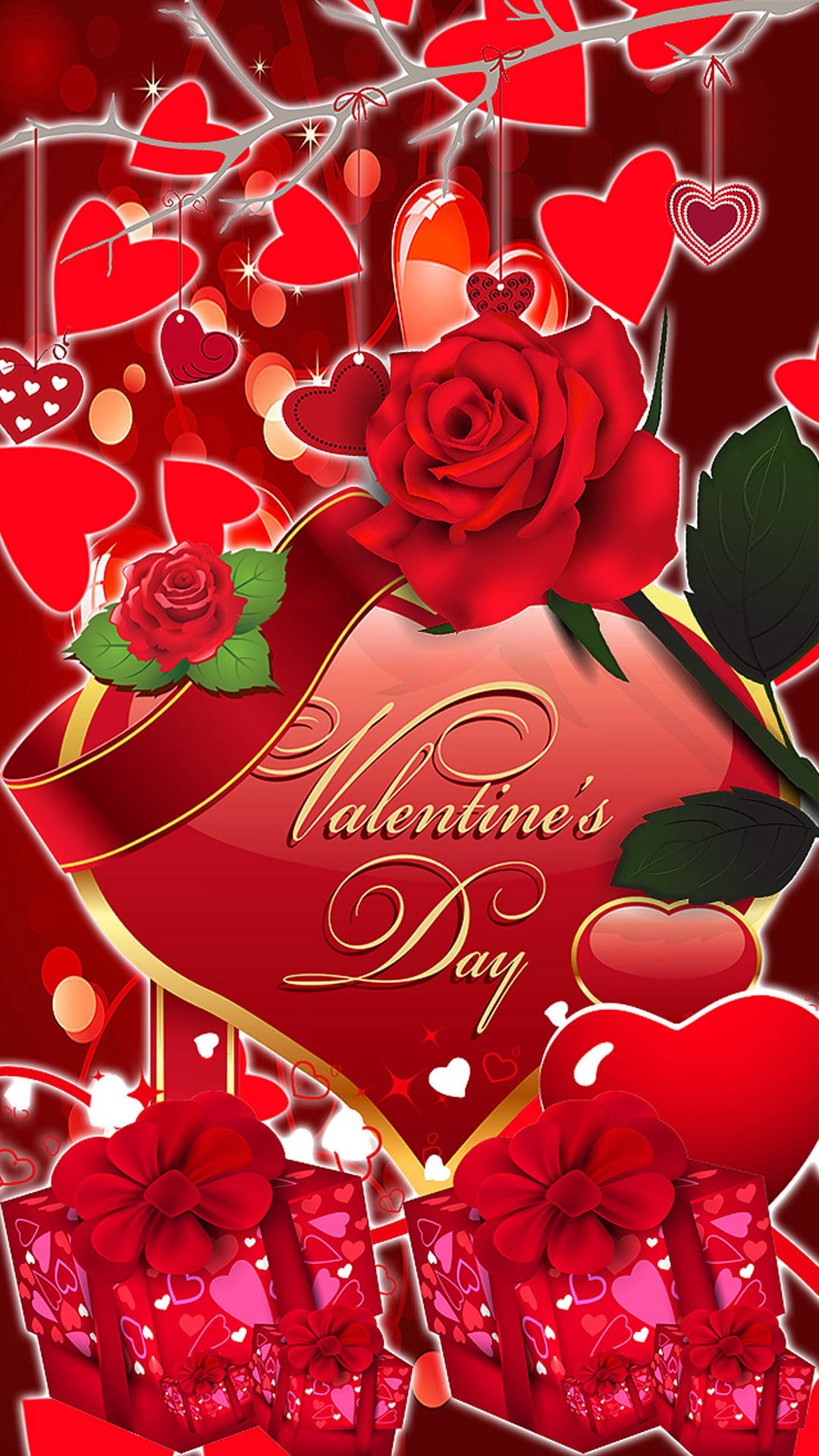 Download Happy Valentine's Day Gifts And Hearts Greeting Wallpaper