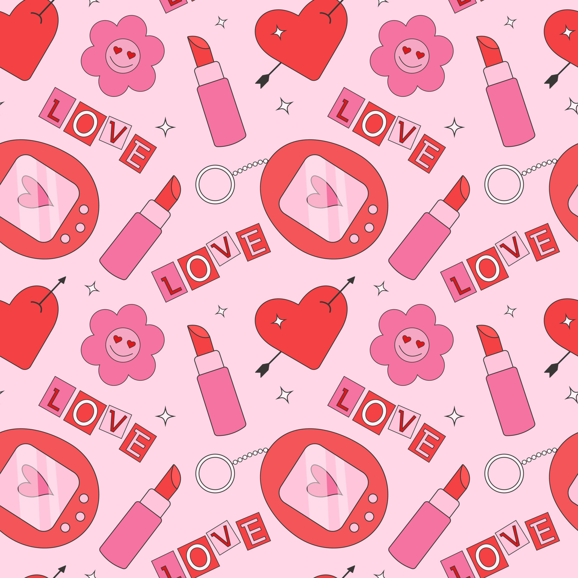 Seamless pattern in trendy retro y2k style. Valentines day pattern