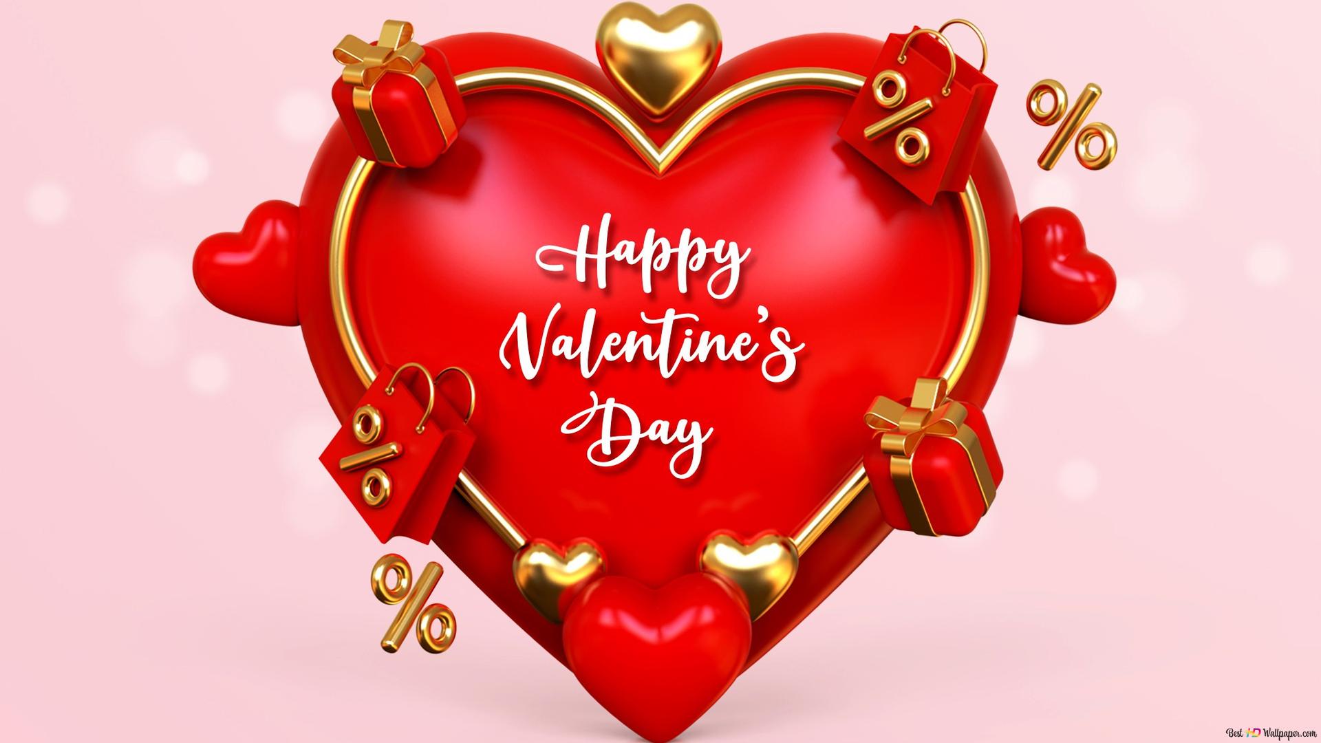 Red heart with gold frame and happy valentine lettering inside, small hearts and gift bags, pink background HD wallpaper download