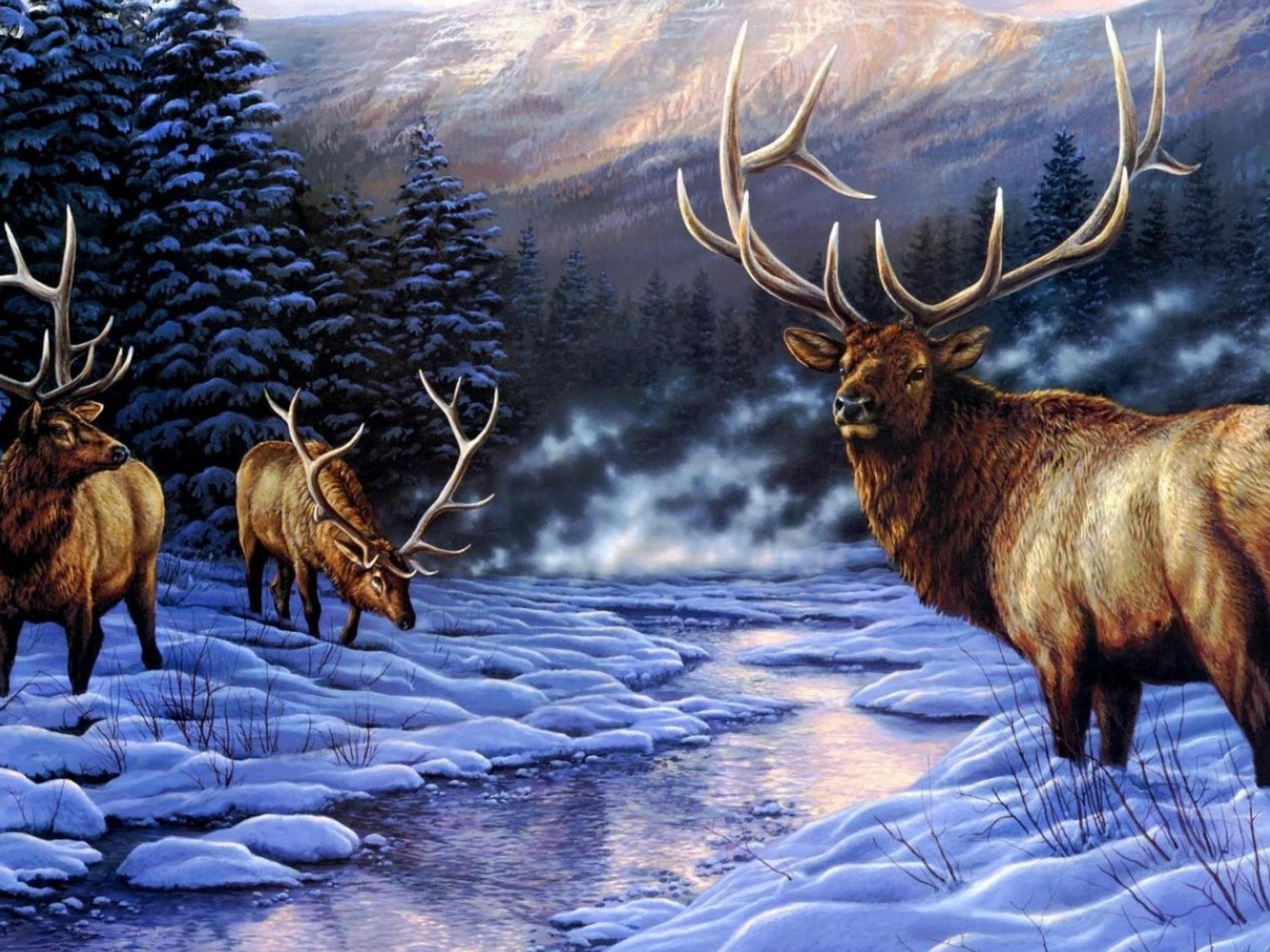 Deer Artistic Photo With Animal Winter River Snow Mountain Wallpaper HD 3840x2160, Wallpaper13.com