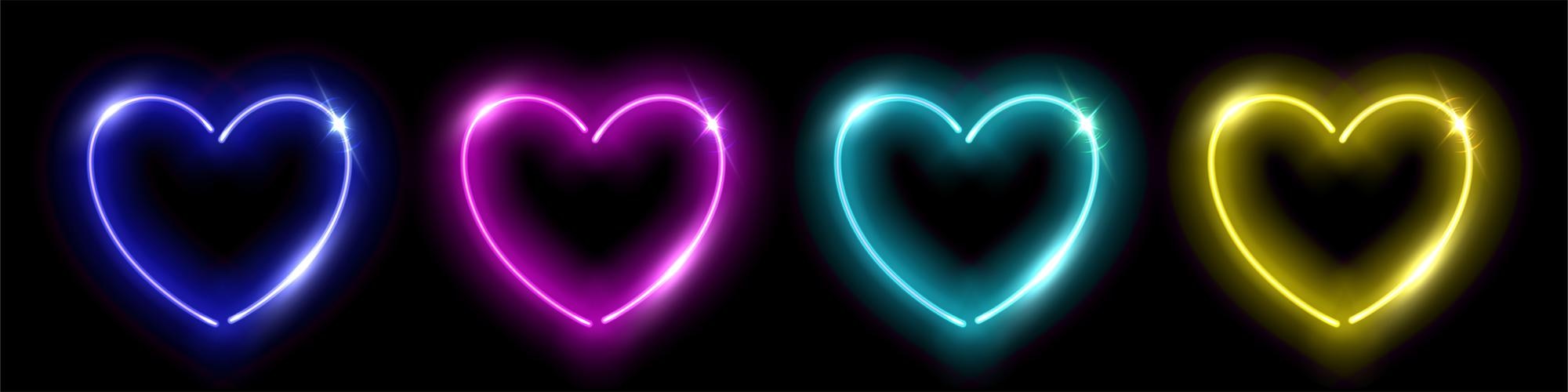 Free Vector. Neon hearts love symbol of valentines day vector illustration set glowing objects from led wires frames with bright blue purple yellow green lines for nightclub isolated on black background