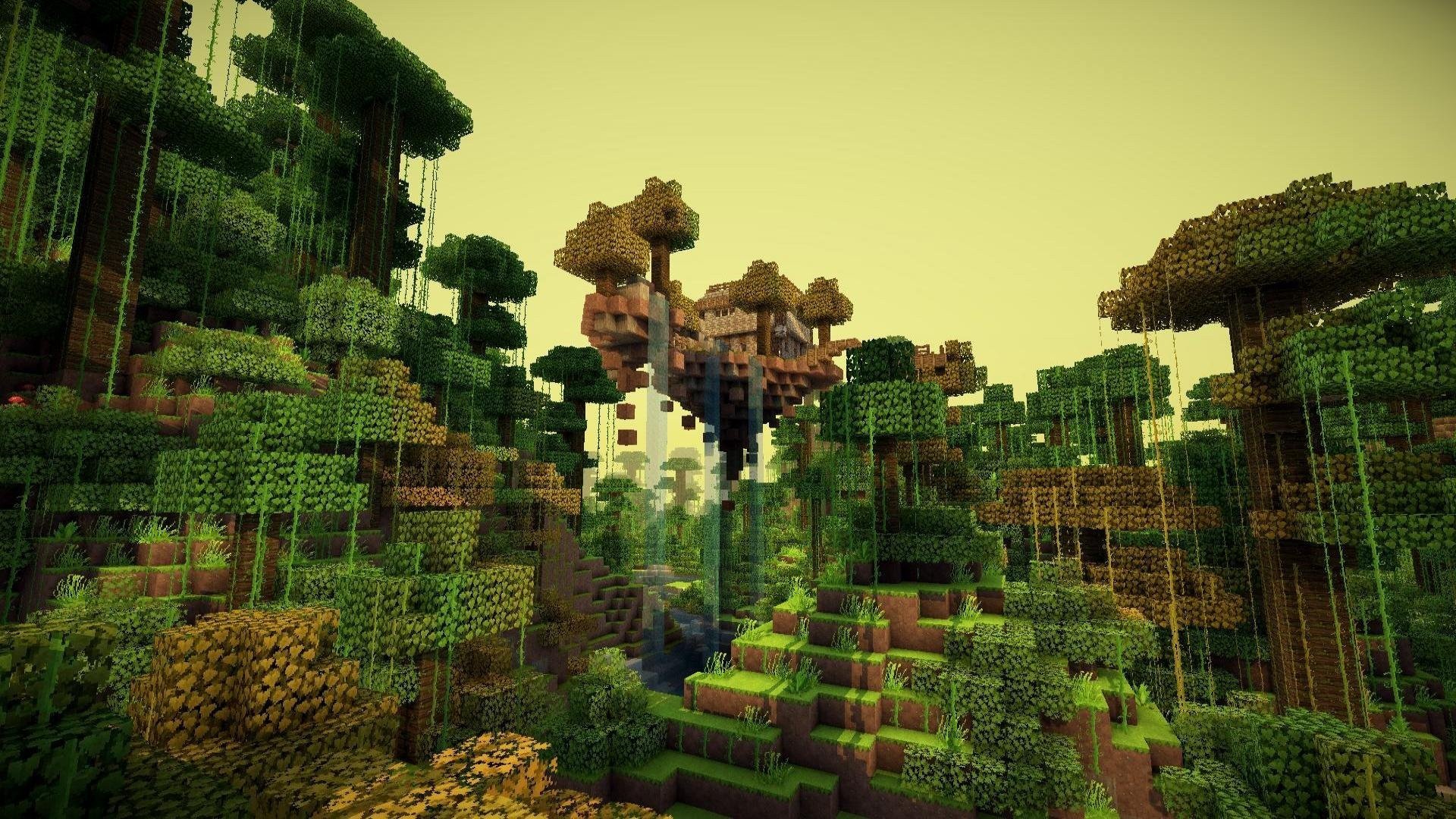 Wallpaper, 1920x1080 px, forest, Minecraft, trees, video games, waterfall 1920x1080