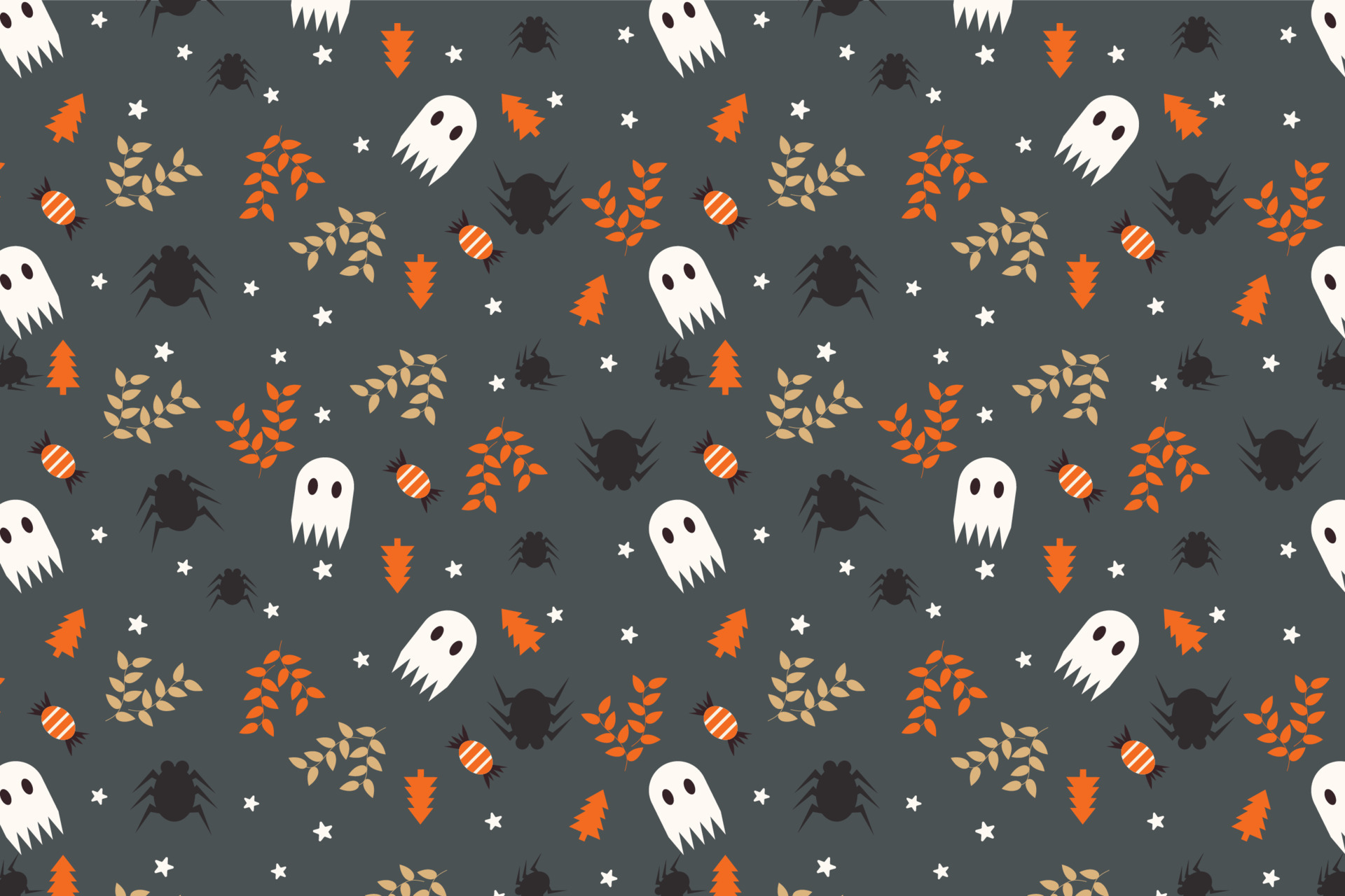 Scary Halloween pattern background with cute ghosts and dead leaves vector. Halloween seamless pattern decoration for book covers and wallpaper. Cute Halloween pattern on a dark background vector. Vector Art