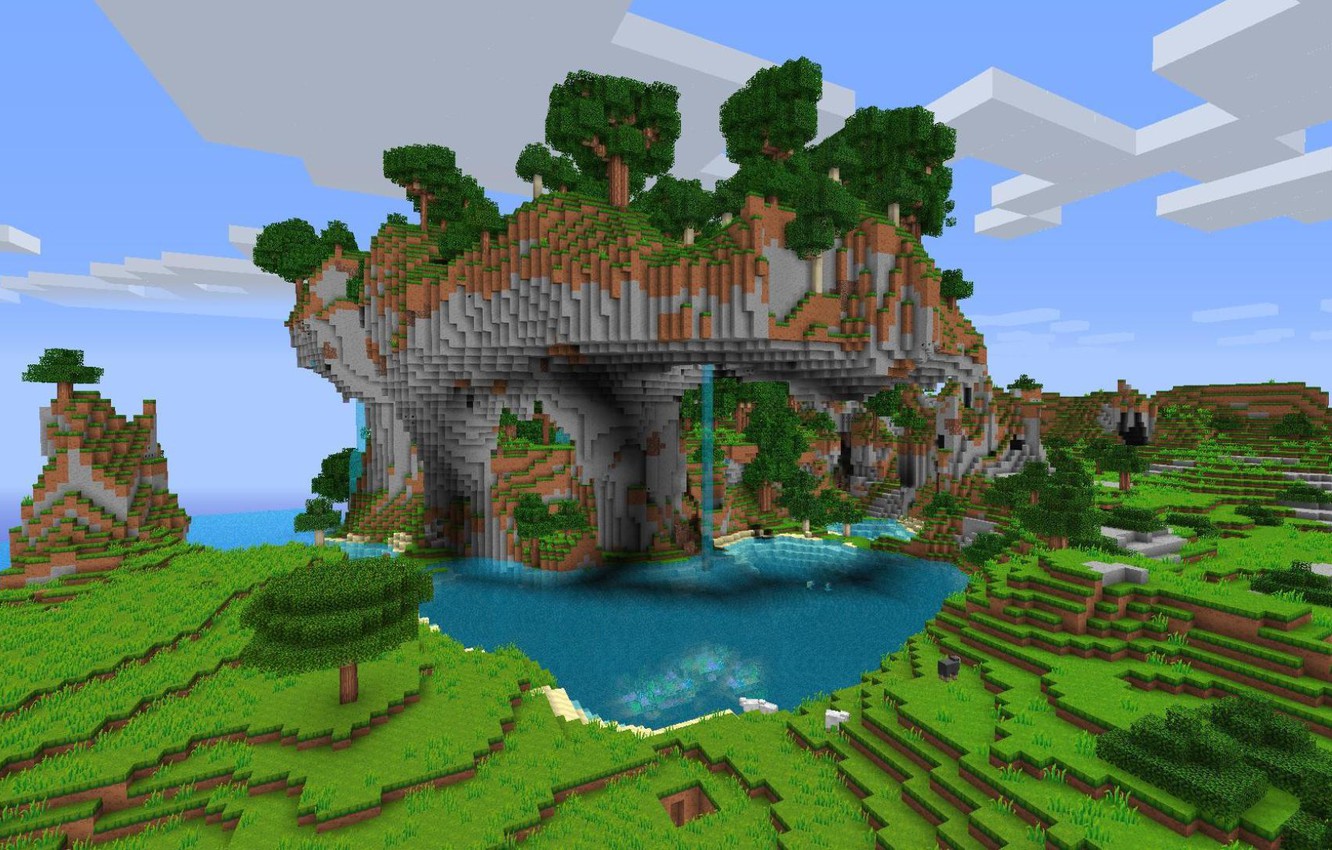 Wallpaper mountains, tree, waterfall, minecraft image for desktop, section игры