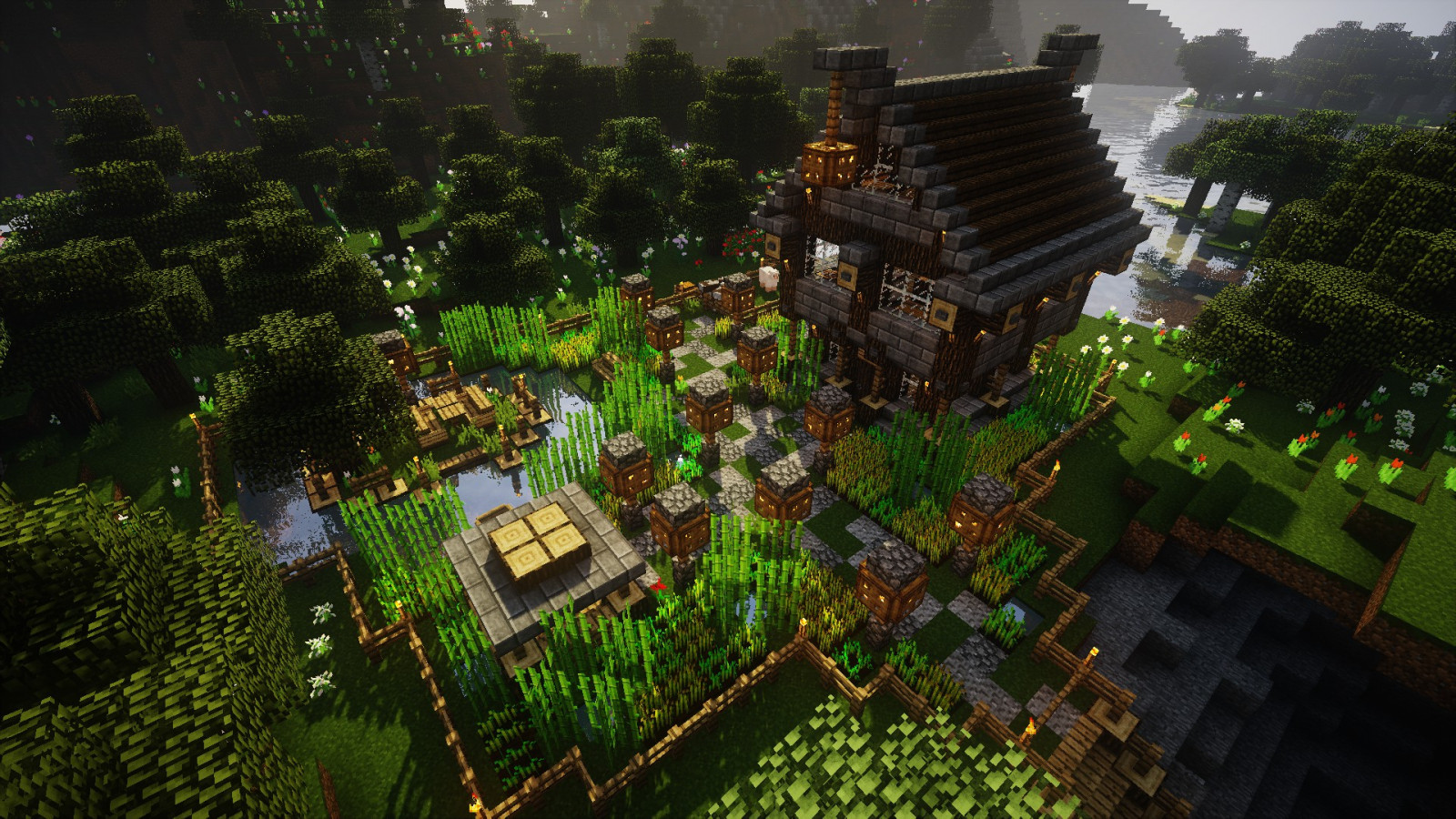 Wallpaper, Minecraft, video games, farm, house, forest, oak trees, water, grass 1920x1080