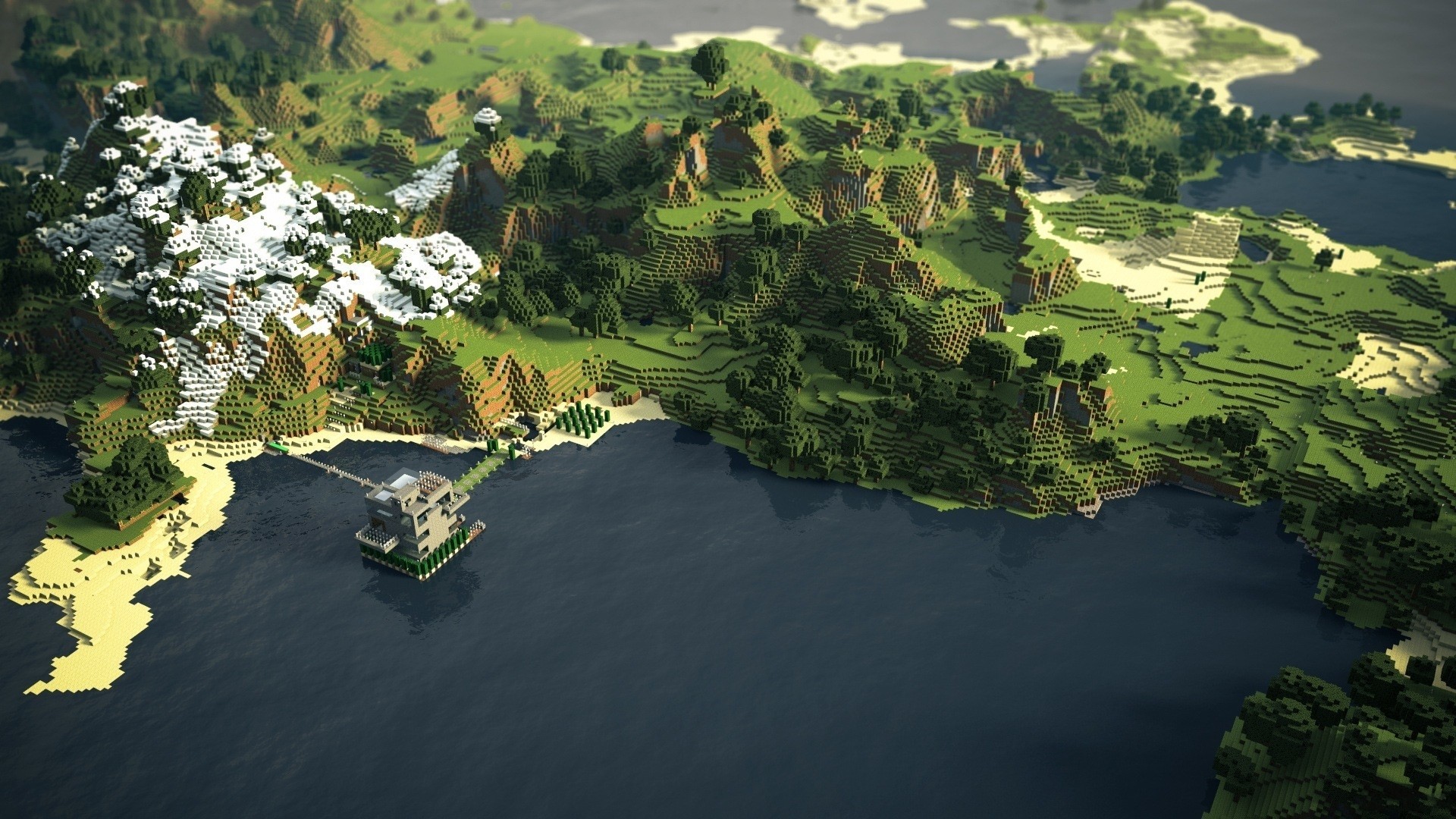 coast, grass, video games, Minecraft, beach, mountains, render, trees Gallery HD Wallpaper