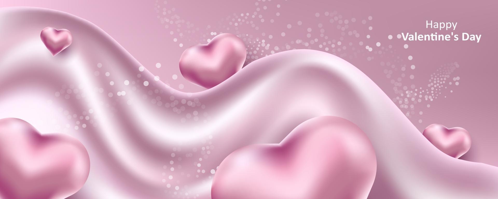 Valentine's Day. A delicate cute pink background with realistic 3D hearts and fluid. Vector illustration for banner, card. Wedding invitation, Mother's Day