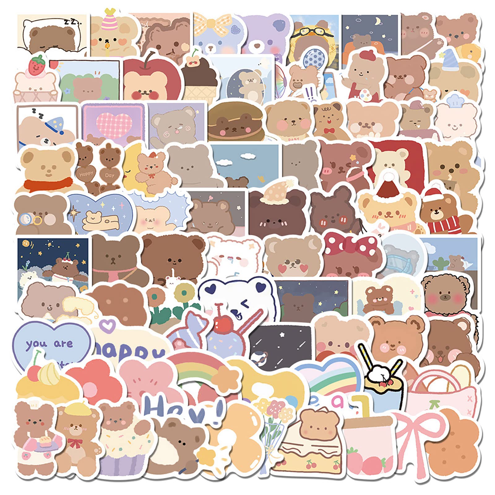 102pcs Cute Cartoon Korean Bear Stickers for Kids Laptop, Lovely Aesthetic Bear Stickers Waterproof Vinyl Trendy Decal Water Bottle Phone Computer Luggage Scarpbook