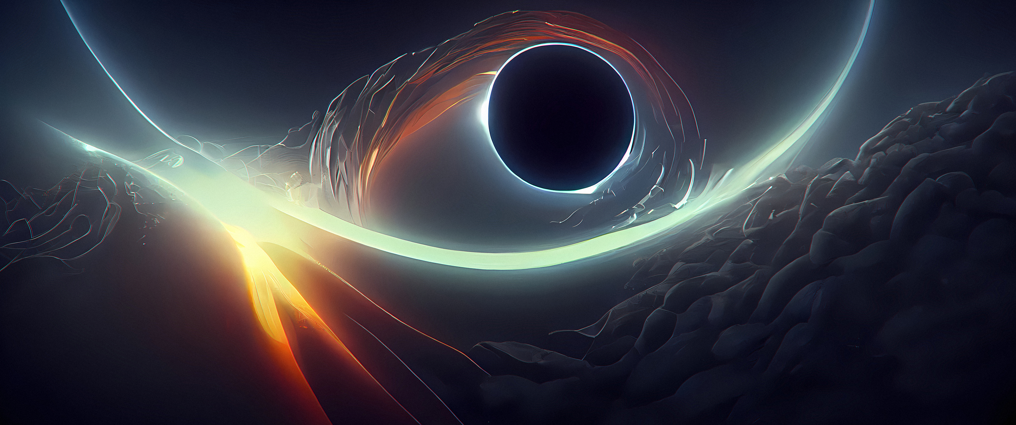 Wallpaper, ultrawide, artwork, event horizon, black holes, Midjourney AI, space, supermassive black hole, digital art 3440x1440