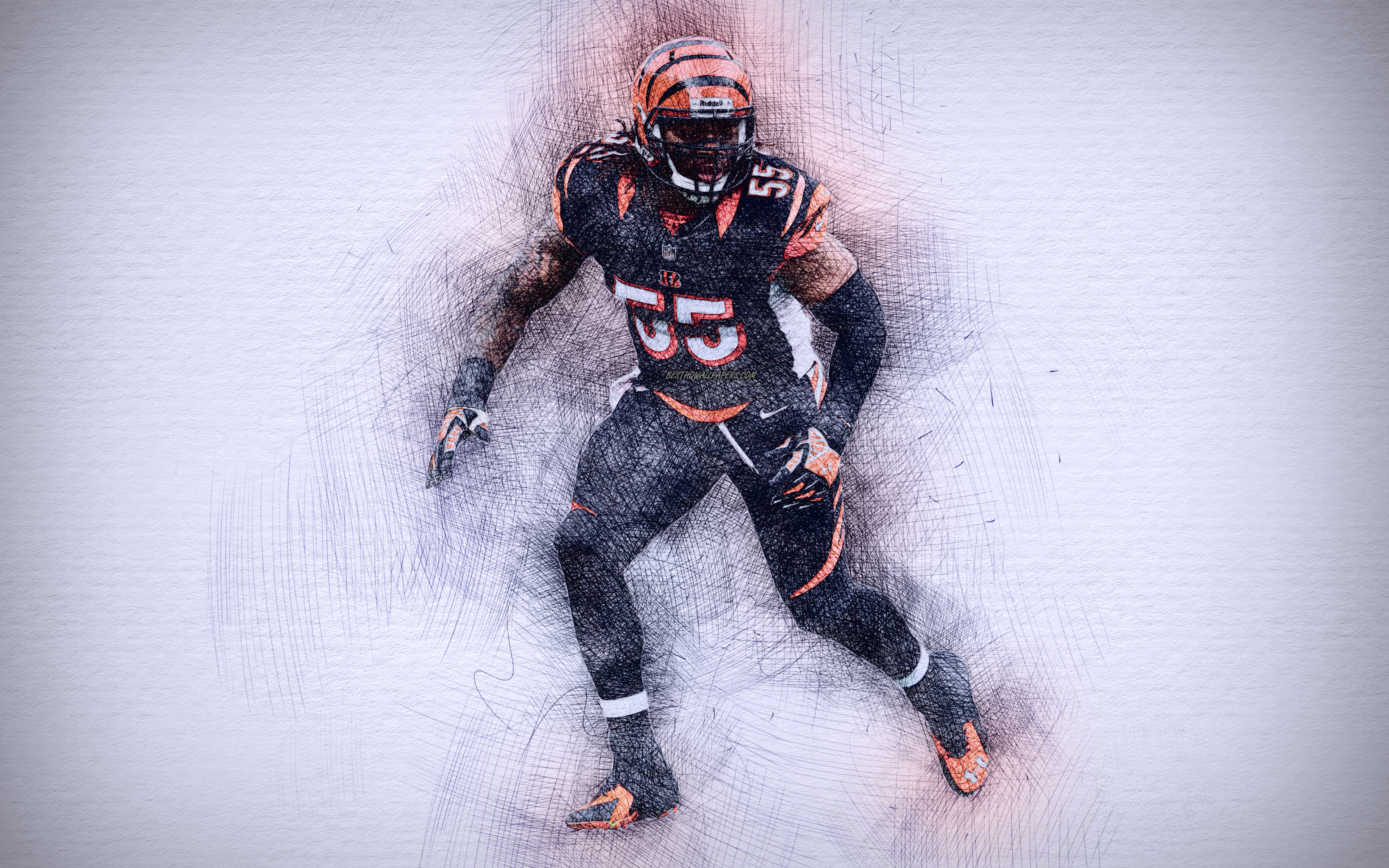 Download wallpaper Vontaze Burfict, 4k, artwork, linebacker, american football, Cincinnati Bengals, Burfict, NFL, drawing Vontaze Burfict, National Football League for desktop with resolution 3840x2400. High Quality HD picture wallpaper
