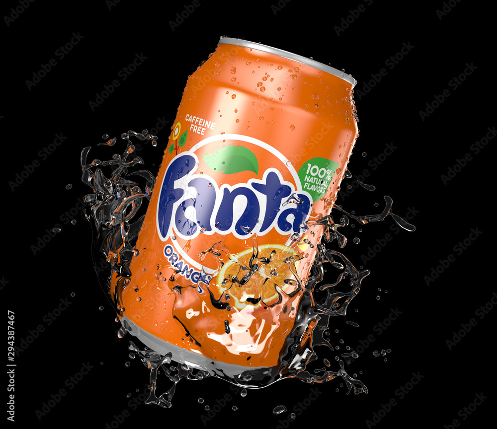 Fanta Orange can Black splash isolated on white background