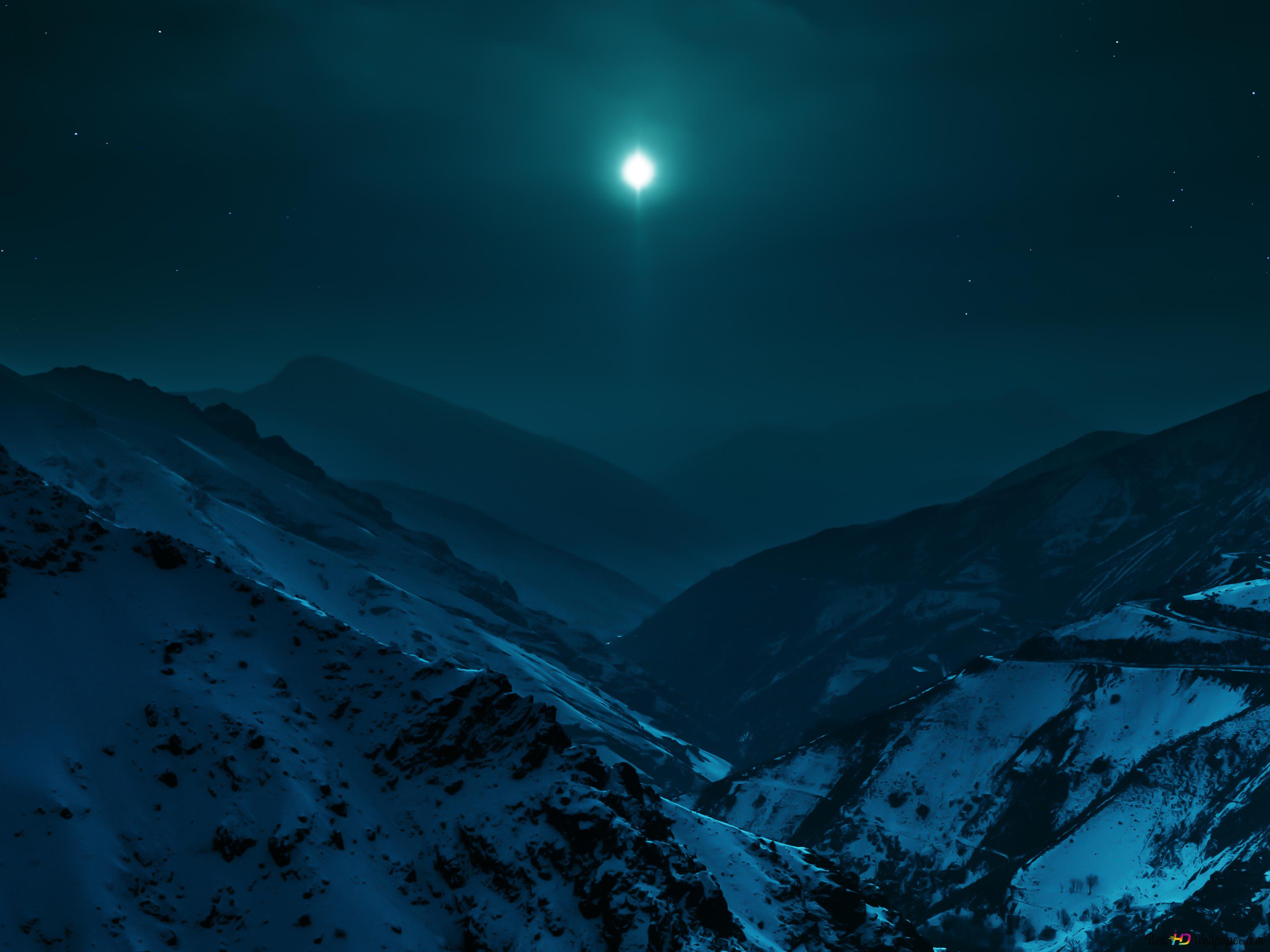 Moon between mountains in winter 4K wallpaper download