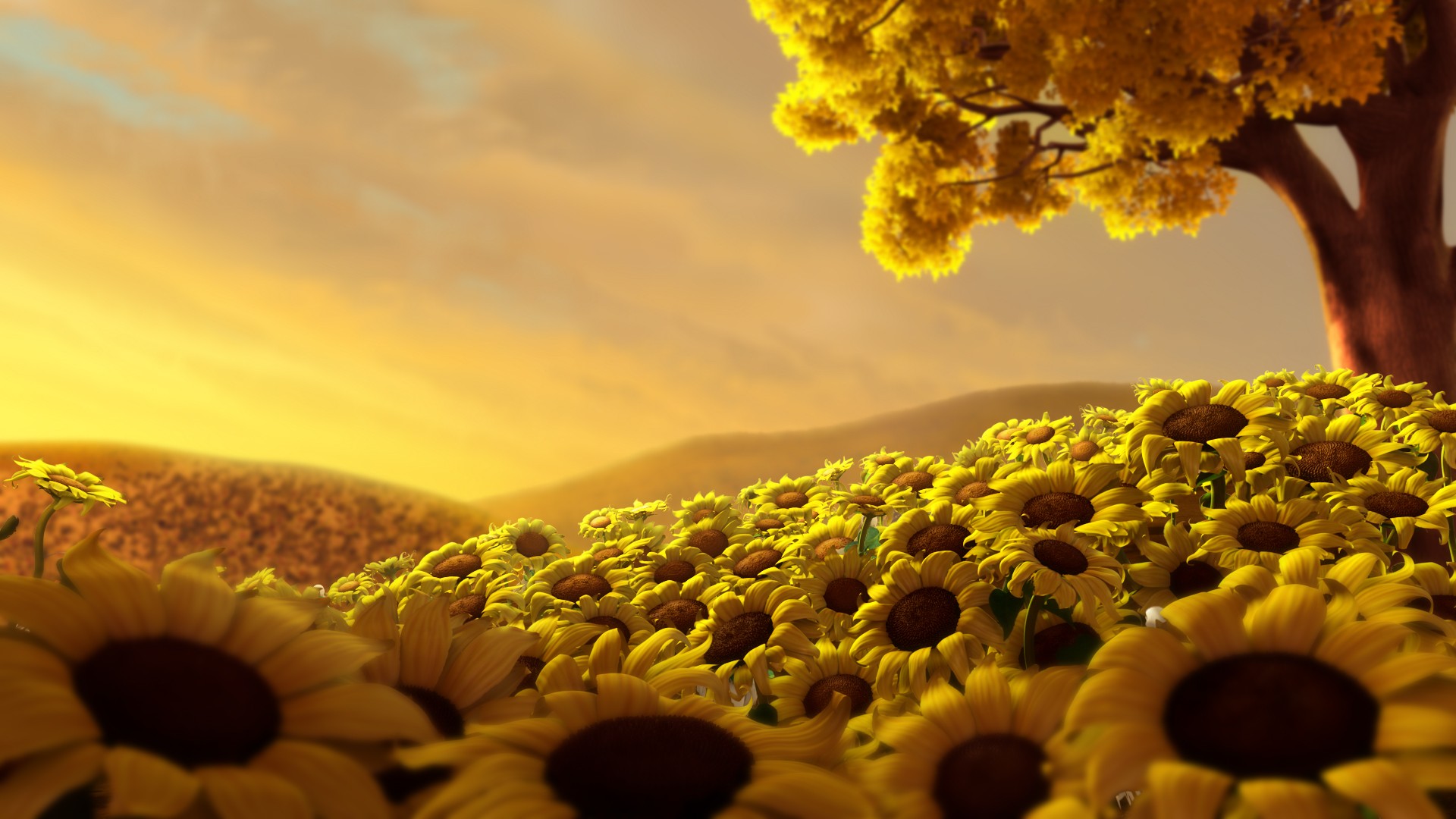 Wallpaper, sunlight, landscape, digital art, sky, field, artwork, yellow, evening, sunflowers, spring, flower, petal, 1920x1080 px, computer wallpaper, flowering plant, daisy family, sunflower seed 1920x1080