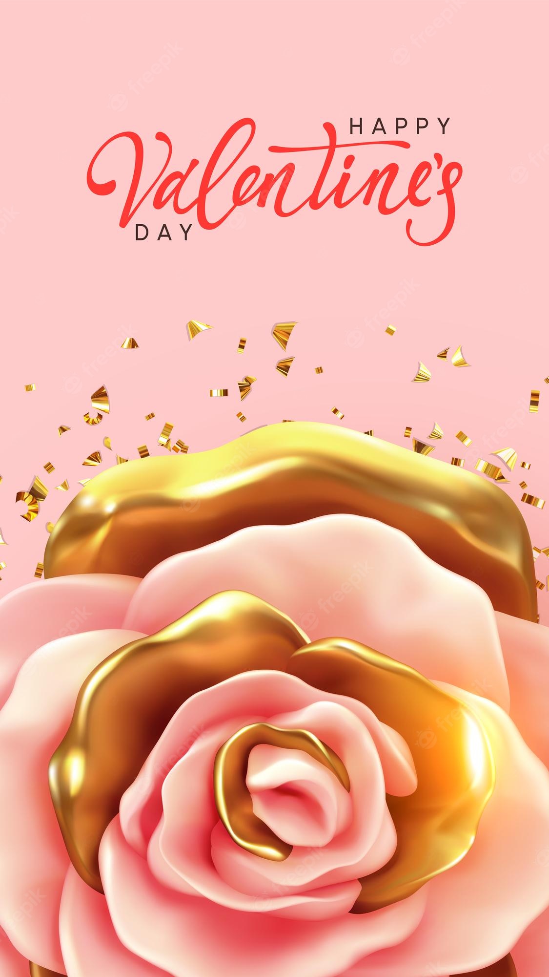 Premium Vector. Happy valentine's day. background with realistic 3D flower rose, pink and gold color, glitter confetti. calligraphic text lettering. greeting card, holiday poster, banner. romantic brochure flyer