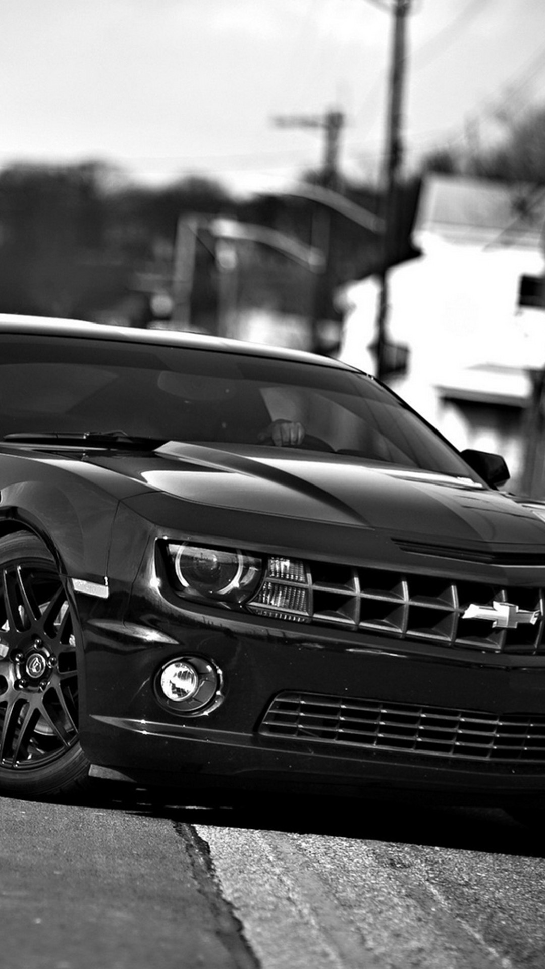 Chevrolet Camaro Front View Black & White 4K Ultra HD Mobile Wallpaper