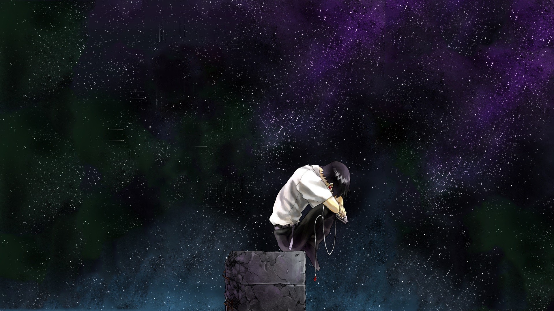 Wallpaper, night, anime, Neon Genesis Evangelion, Ikari Shinji, stars, nebula, alone, atmosphere, universe, astronomy, Aurora, midnight, star, darkness, screenshot, computer wallpaper, outer space, astronomical object 1920x1080