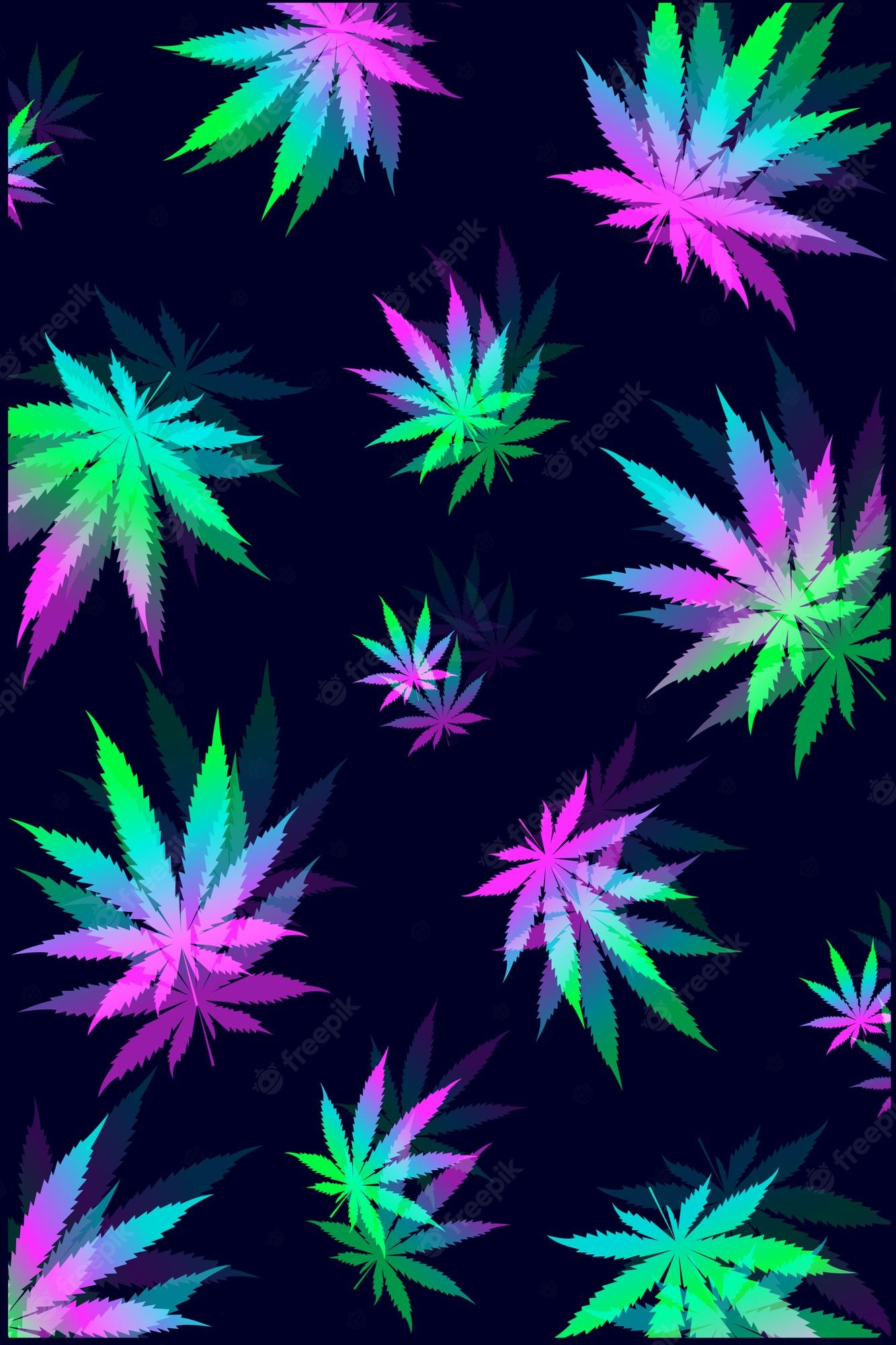 Premium Vector. Vector pattern weed leaves blur with neon colors on a dark background, hallucinogenic visual effect