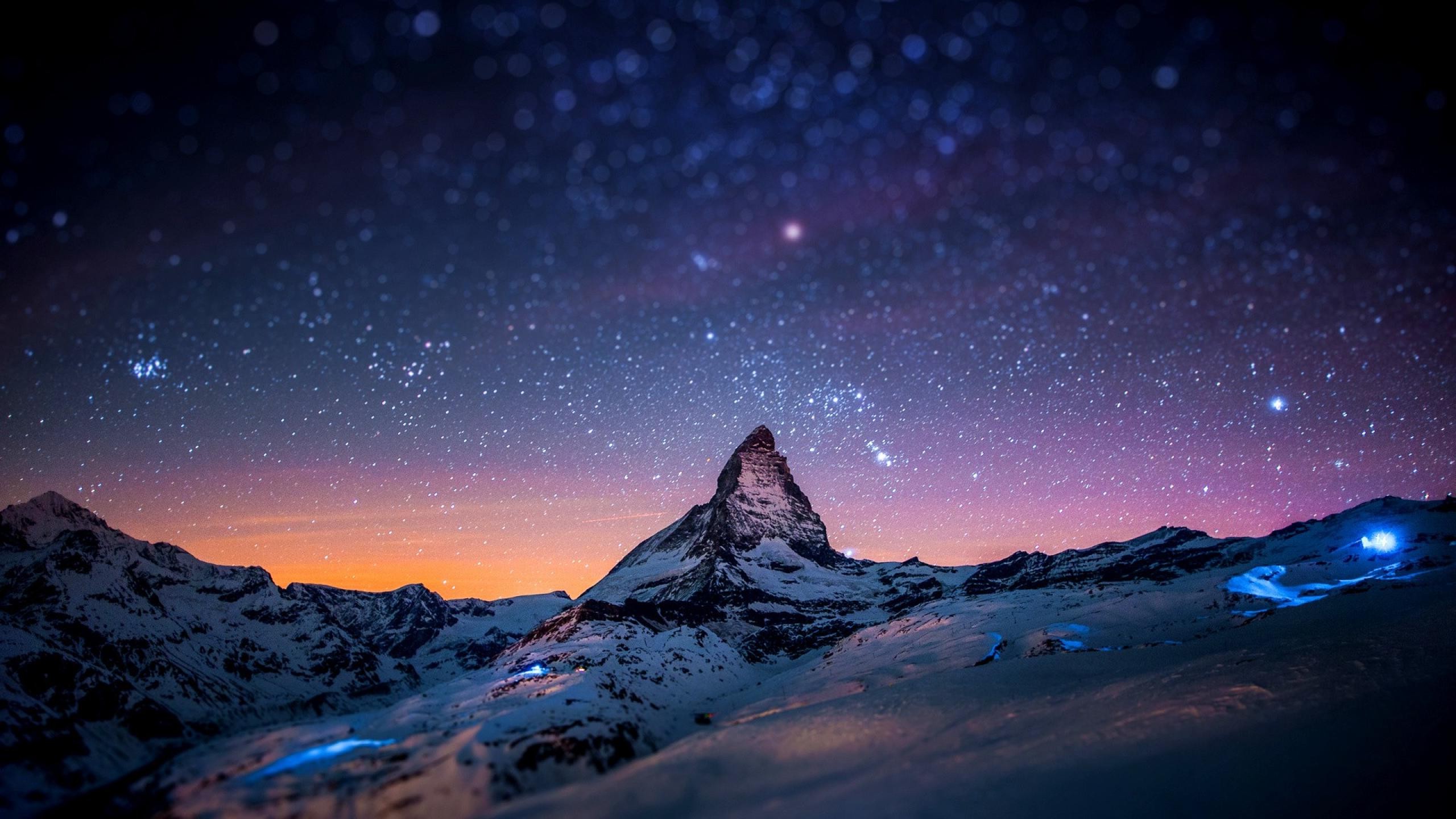 Wallpaper, 2560x1440 px, lights, Matterhorn, mountain, night, snow, space, stars, tilt shift, winter 2560x1440
