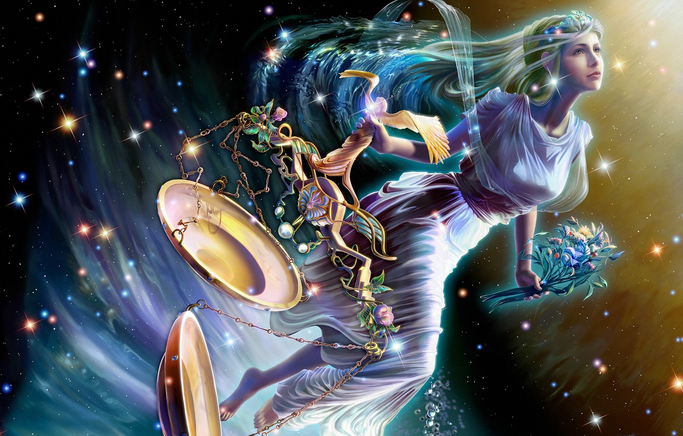 Wallpaper girl, space, flowers, night, bouquet, stars, Northern lights, fantasy, space, Libra, flight, fantasy, constellation, stars, CG wallpaper, Zodiac image for desktop, section фантастика