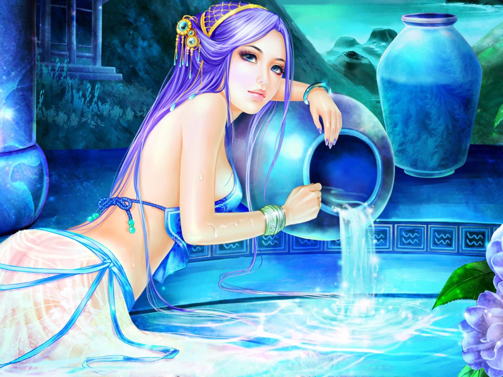 Aquarius Astrology Zodiac Signs Girl Bowls with water flowers Fantasy Art Desktop HD Wallpaper for Mobile phones Tablet and PC 5200x3250, Wallpaper13.com