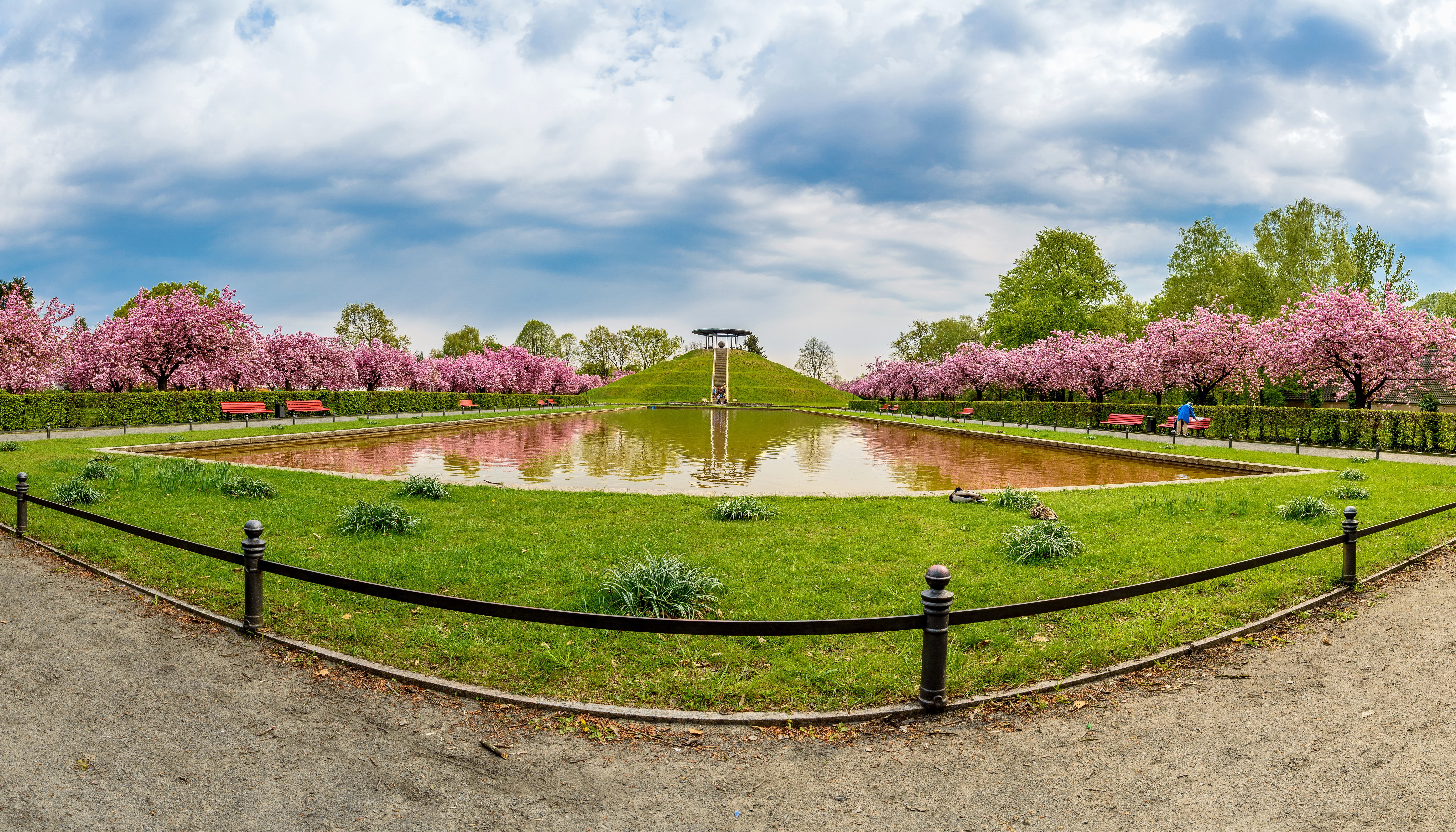 4K, 5K, 6K, 7K, Berlin, Germany, Parks, Pond, Flowering trees, Sky Gallery HD Wallpaper