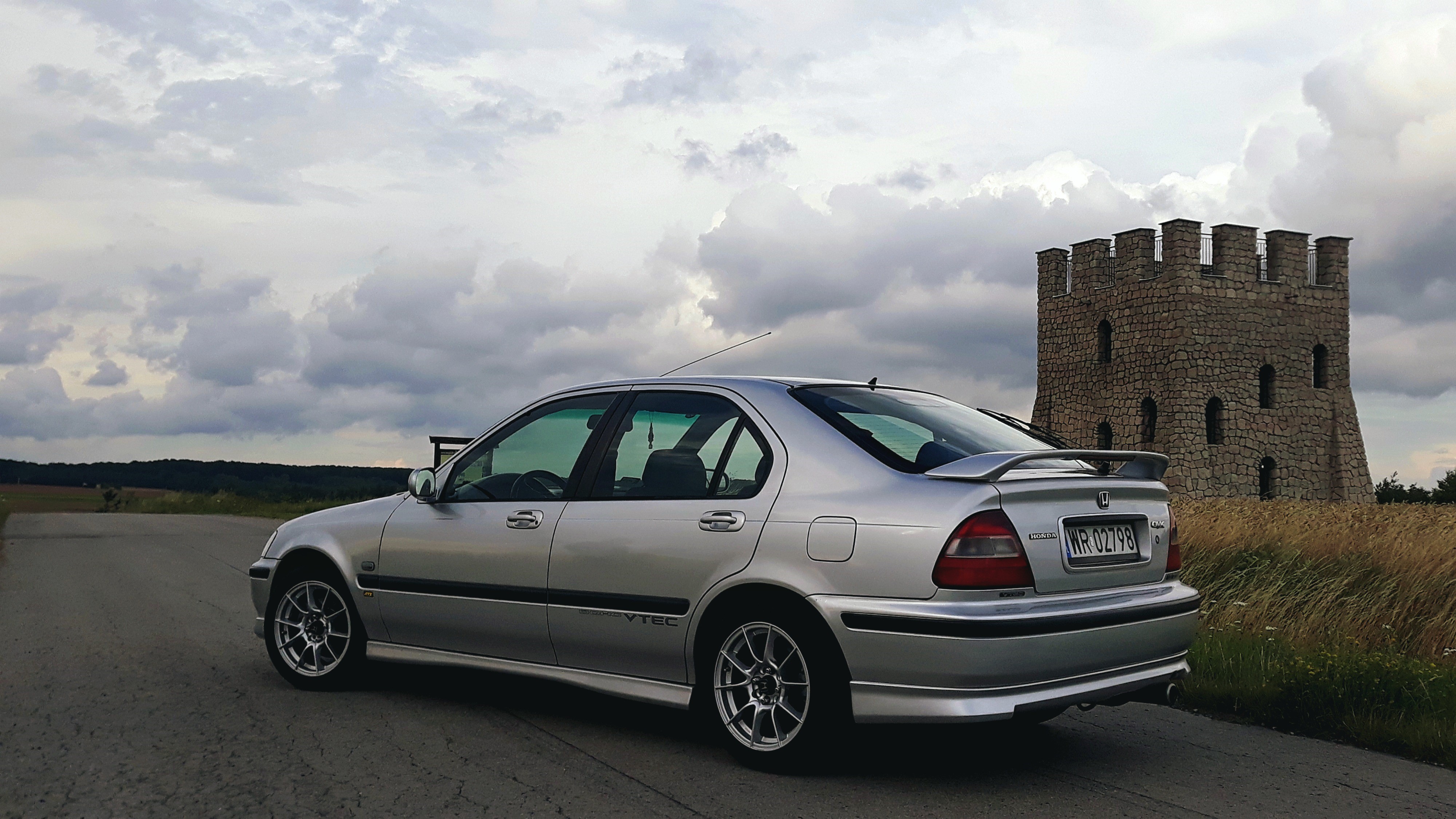 4K, VTEC, Honda Civic, clouds, silver, tower, car Gallery HD Wallpaper