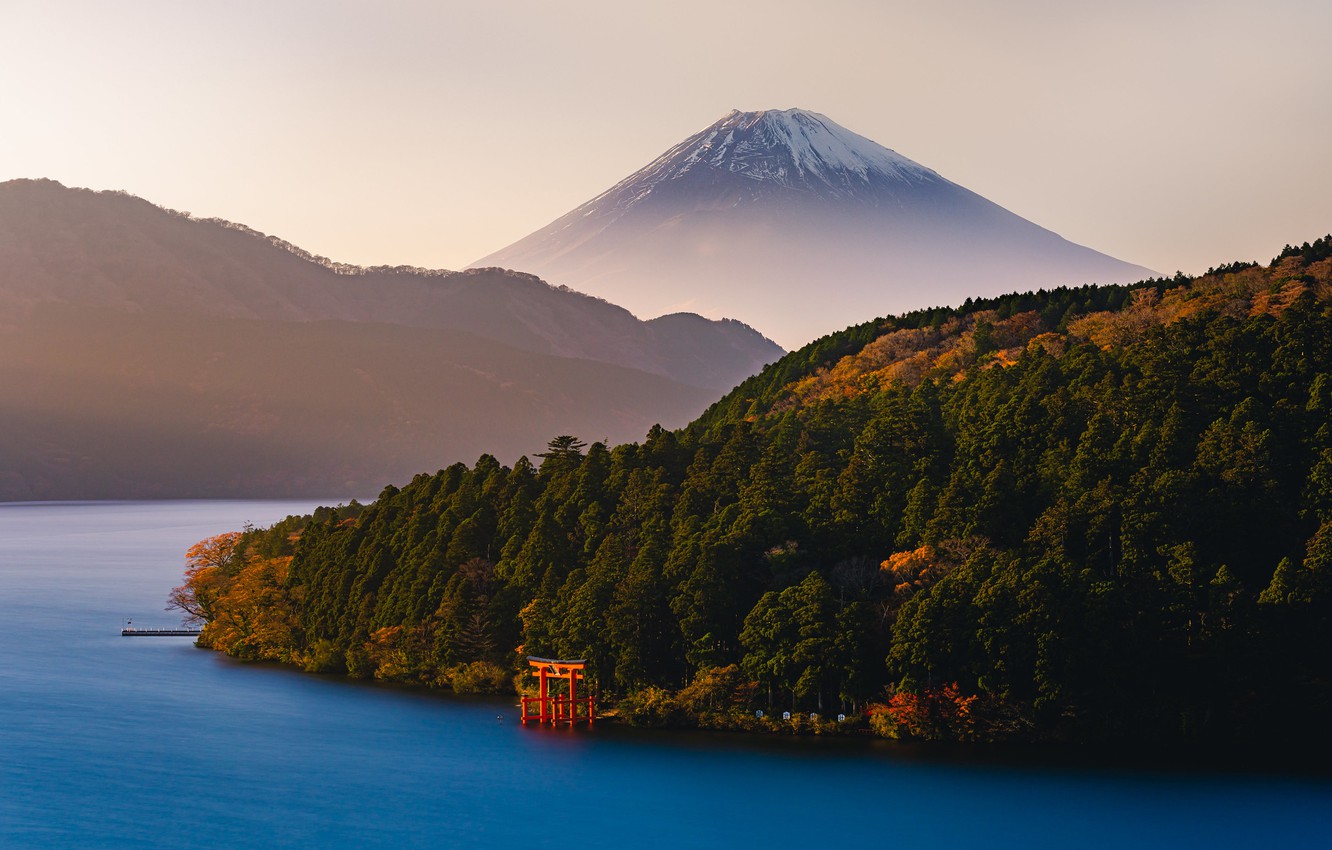 Wallpaper forest, lake, mountain, the volcano, Japan, Fuji, Japan, Mount Fuji, torii, Fuji, Kanagawa, Kanagawa, Hakone, Hakone, Lake ASHI, Lake Ashi image for desktop, section пейзажи
