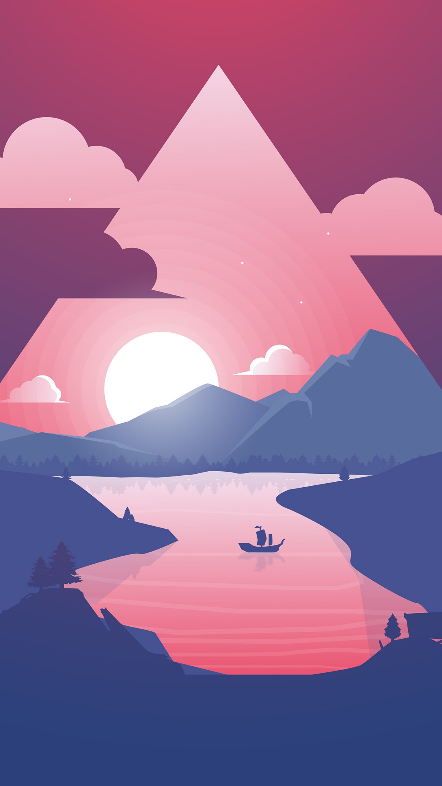 Wallpaper mountain, sun, river, purple, triangle, 4k, Abstract