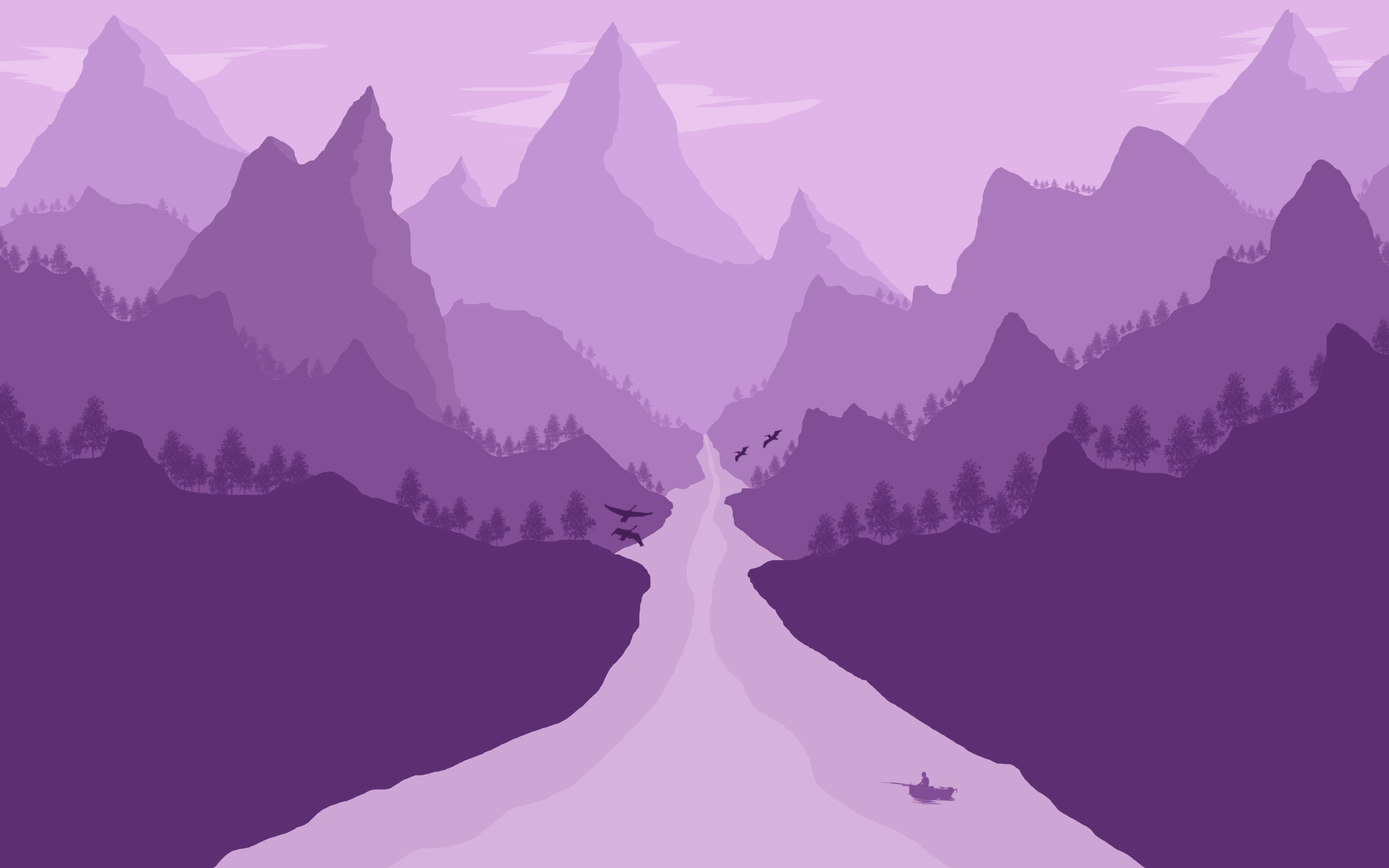 Download wallpaper 4k, mountains, river, forest, purple landscape, minimal for desktop with resolution 3840x2400. High Quality HD picture wallpaper
