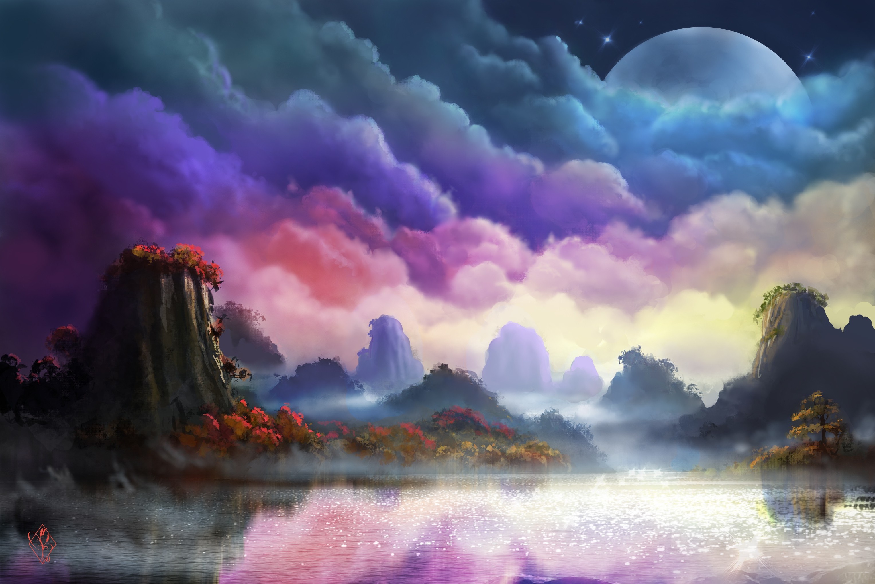 Full HD moon landscape painting wallpaper