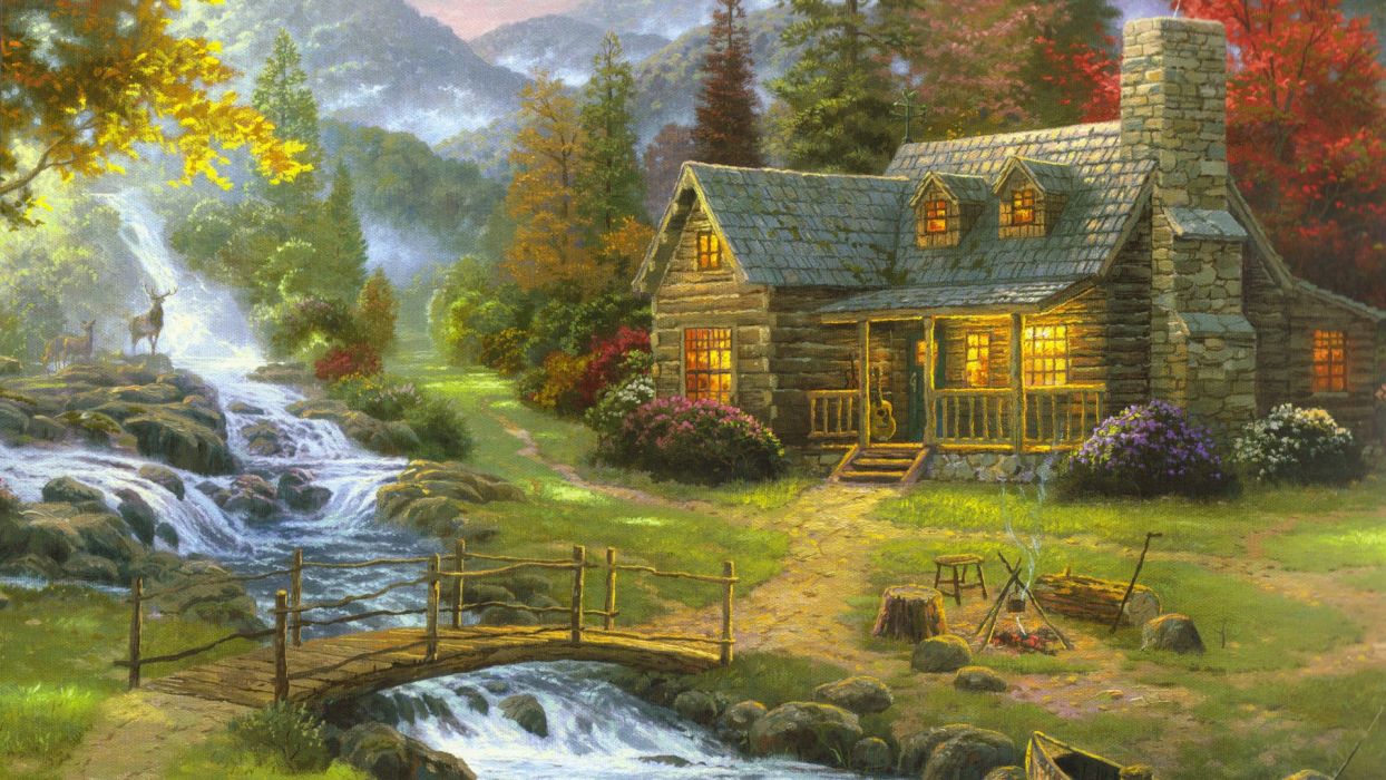 Mountain paradise Thomas landscape painting art oil wallpaperx1080