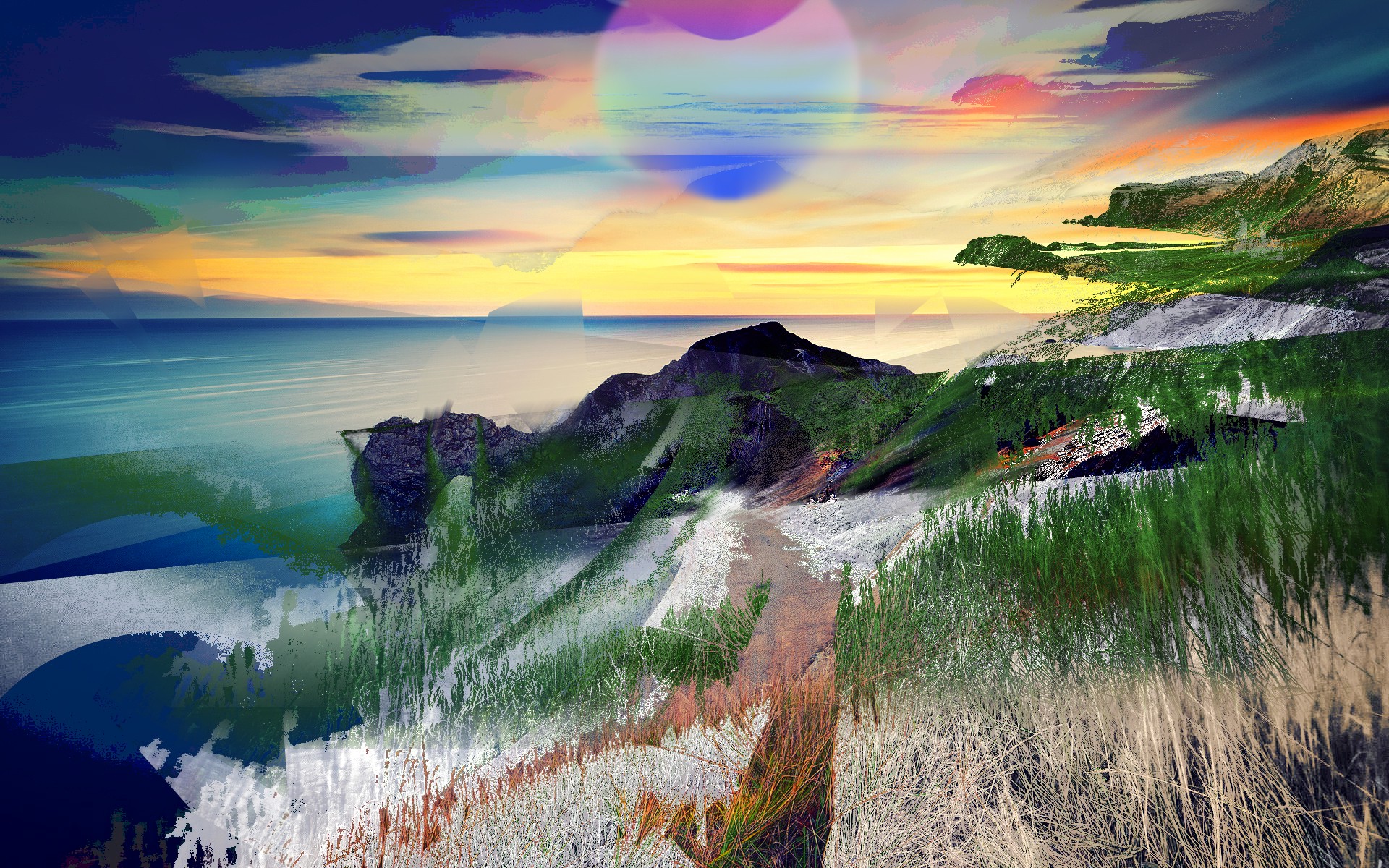 Wallpaper, sunlight, landscape, painting, digital art, sea, abstract, water, nature, shore, reflection, grass, sky, glitch art, calm, evening, morning, coast, cliff, photo manipulation, horizon, psychedelic, distortion, mount scenery, Terrain, dawn
