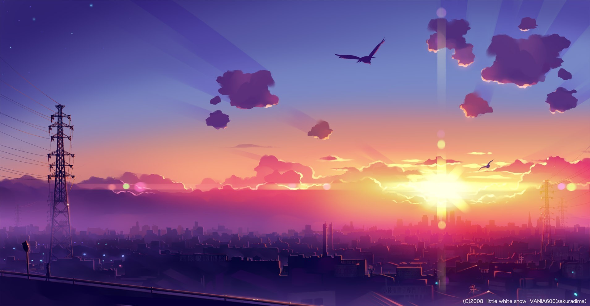 Wallpaper, sunlight, sunset, cityscape, anime, sky, sunrise, evening, morning, Sun, horizon, atmosphere, dusk, power lines, dawn, computer wallpaper, afterglow 1909x992