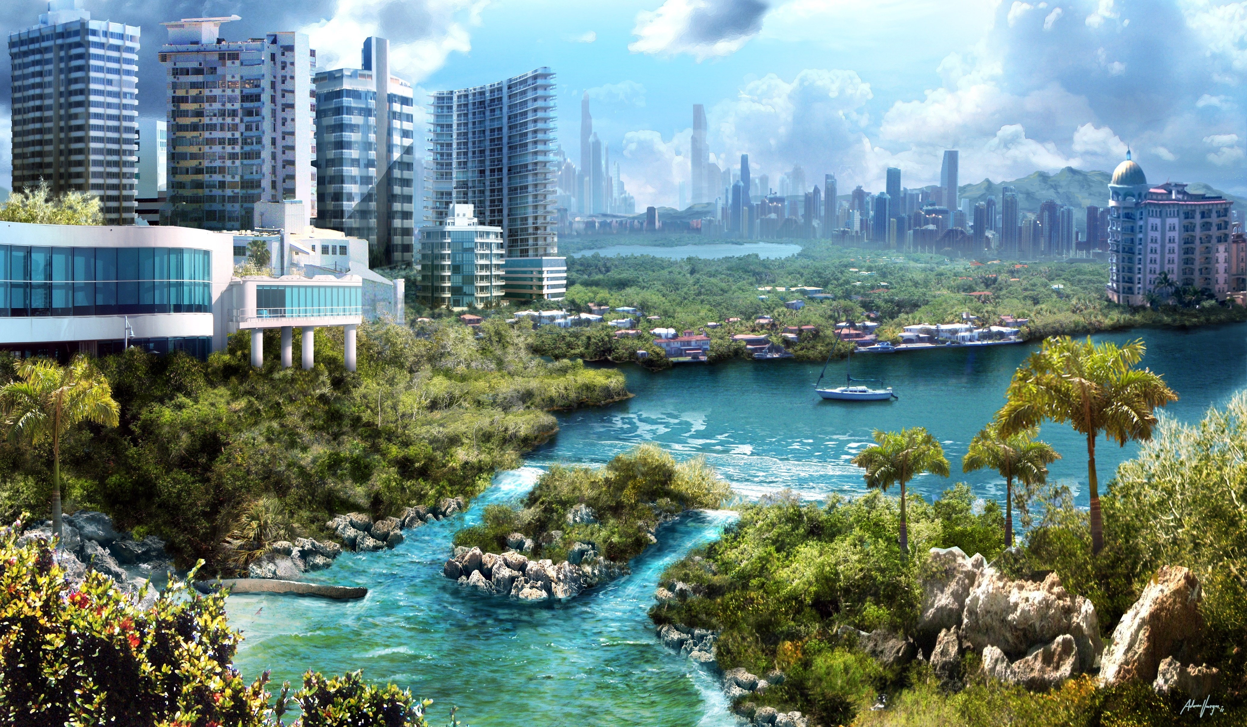 WallpaperD wallpaper. photo. picture. stones, yacht, the city, river, Sunny
