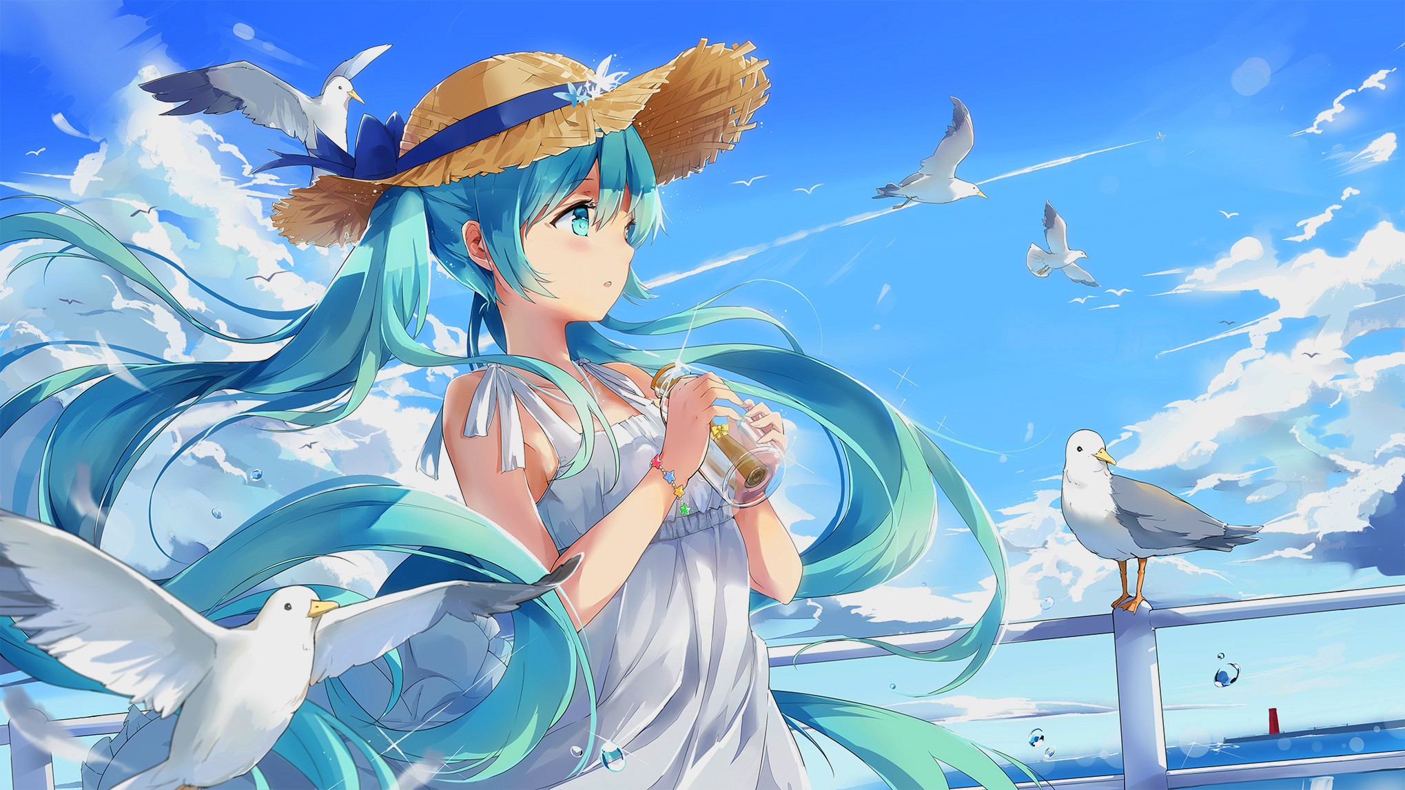 anime girls, sea, Vocaloid, blue hair, clear sky, anime, seagulls Gallery HD Wallpaper