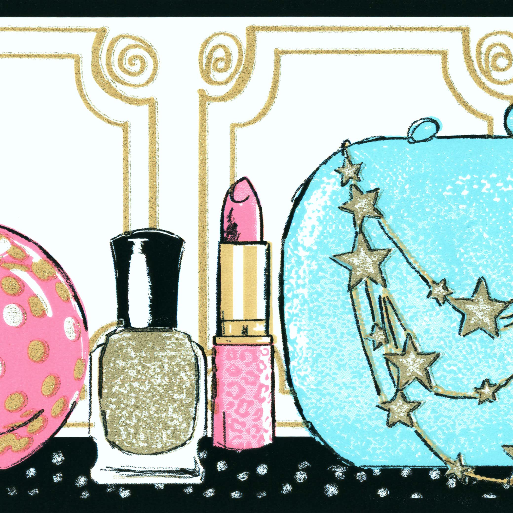 York Wallcoverings Growing Up Kids Glitz and Gla Removable Wallpaper Border Aqua, White, Pink, Black, Gold