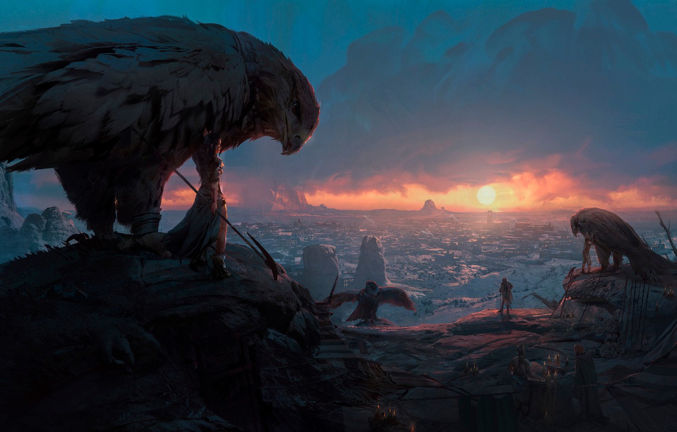 Wallpaper the sun, sunset, birds, people, rocks, art, panorama, glow, warriors, dawn, ancient civilizations, Pablo Dominguez, Ancient civilizations image for desktop, section фантастика