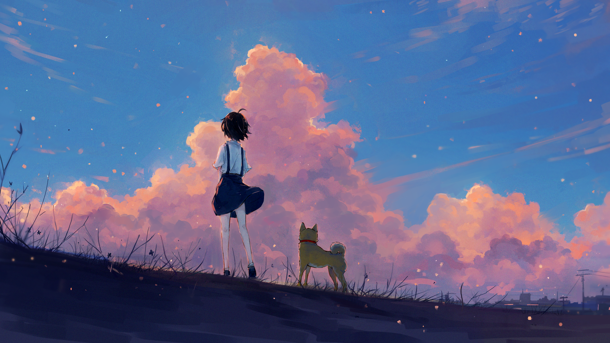 Wallpaper / artwork, anime, landscape, painting, fan art, anime girls, dog, illustration free download