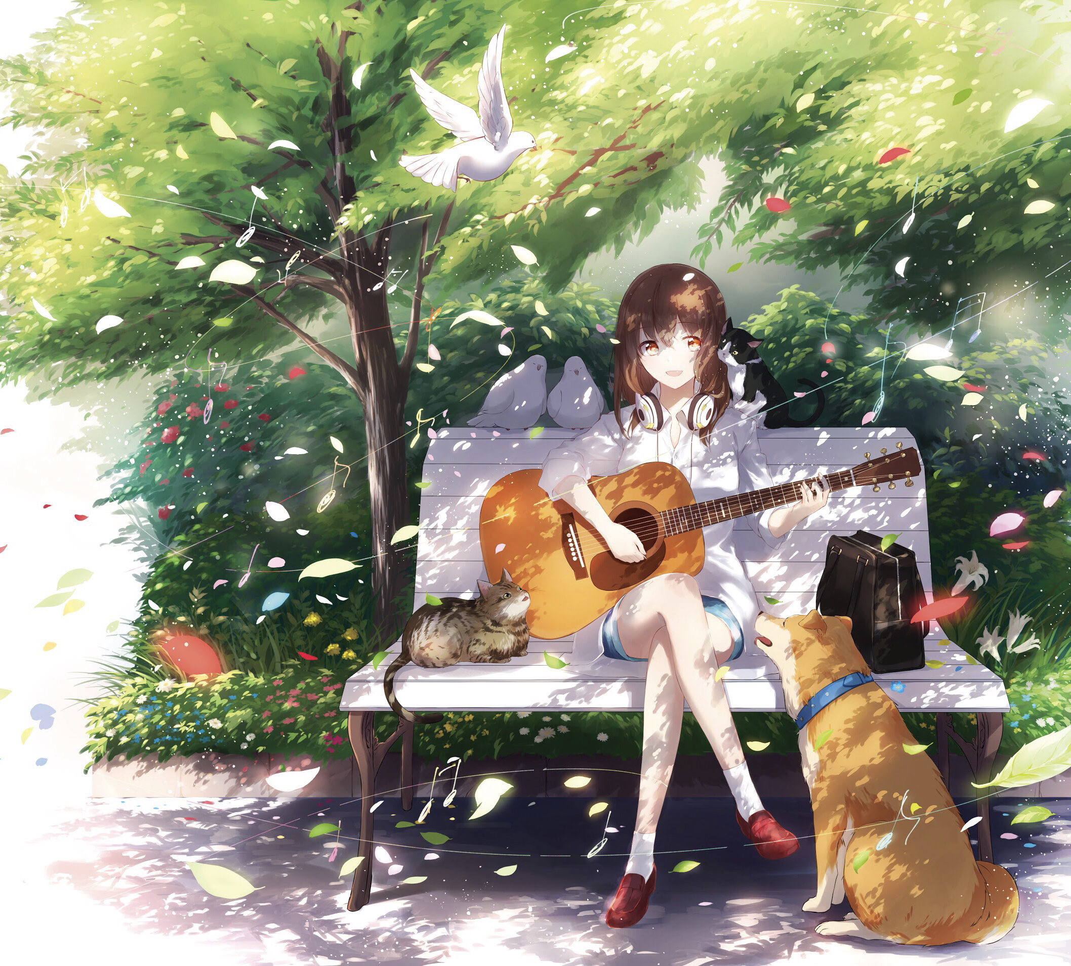 Wallpaper, anime girls, original characters, dog, cat, guitar 2116x1910