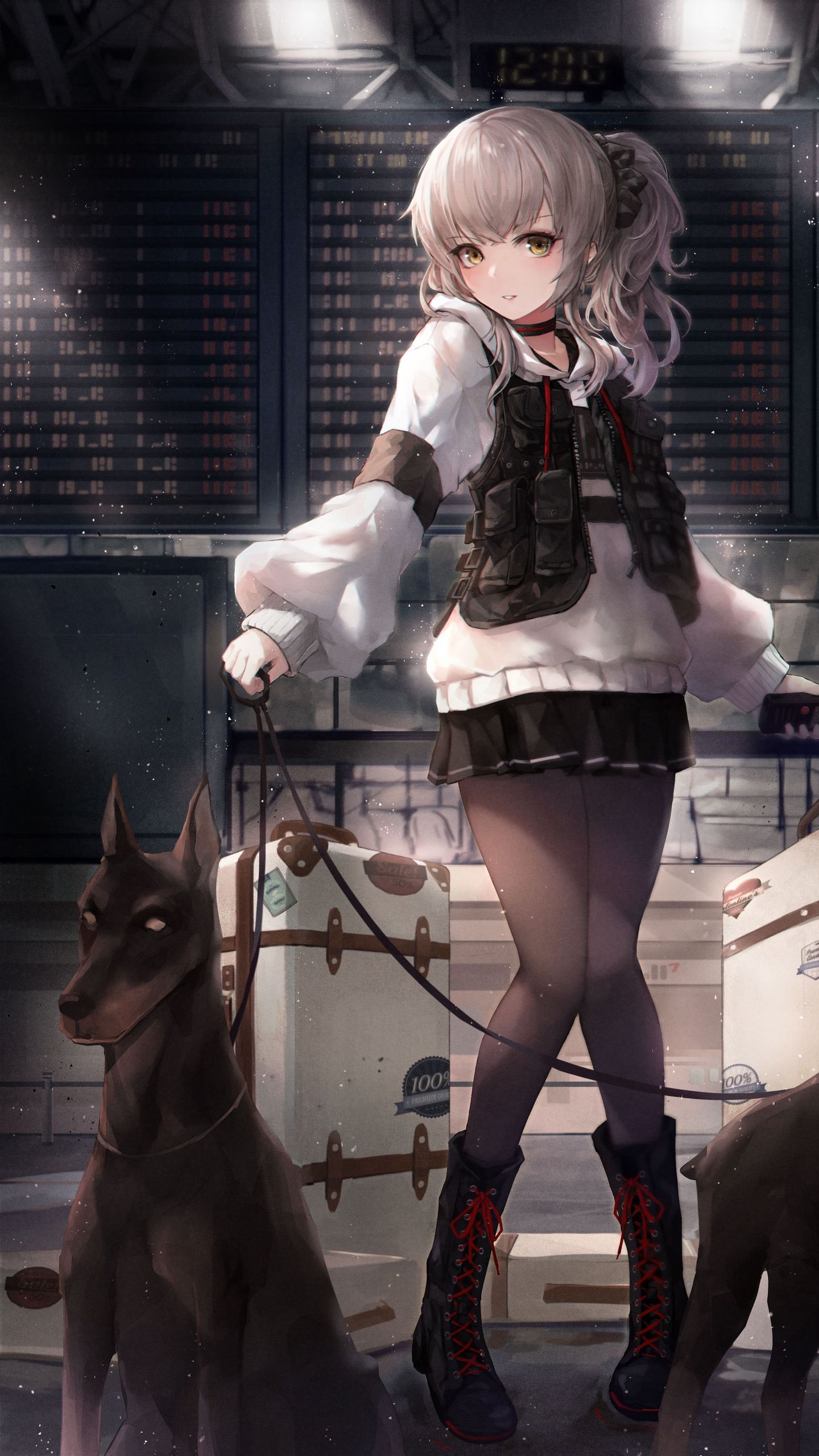 Download wallpaper 1440x2560 girl, dog, airport, security, anime qhd samsung galaxy s s edge, note, lg g4 HD background