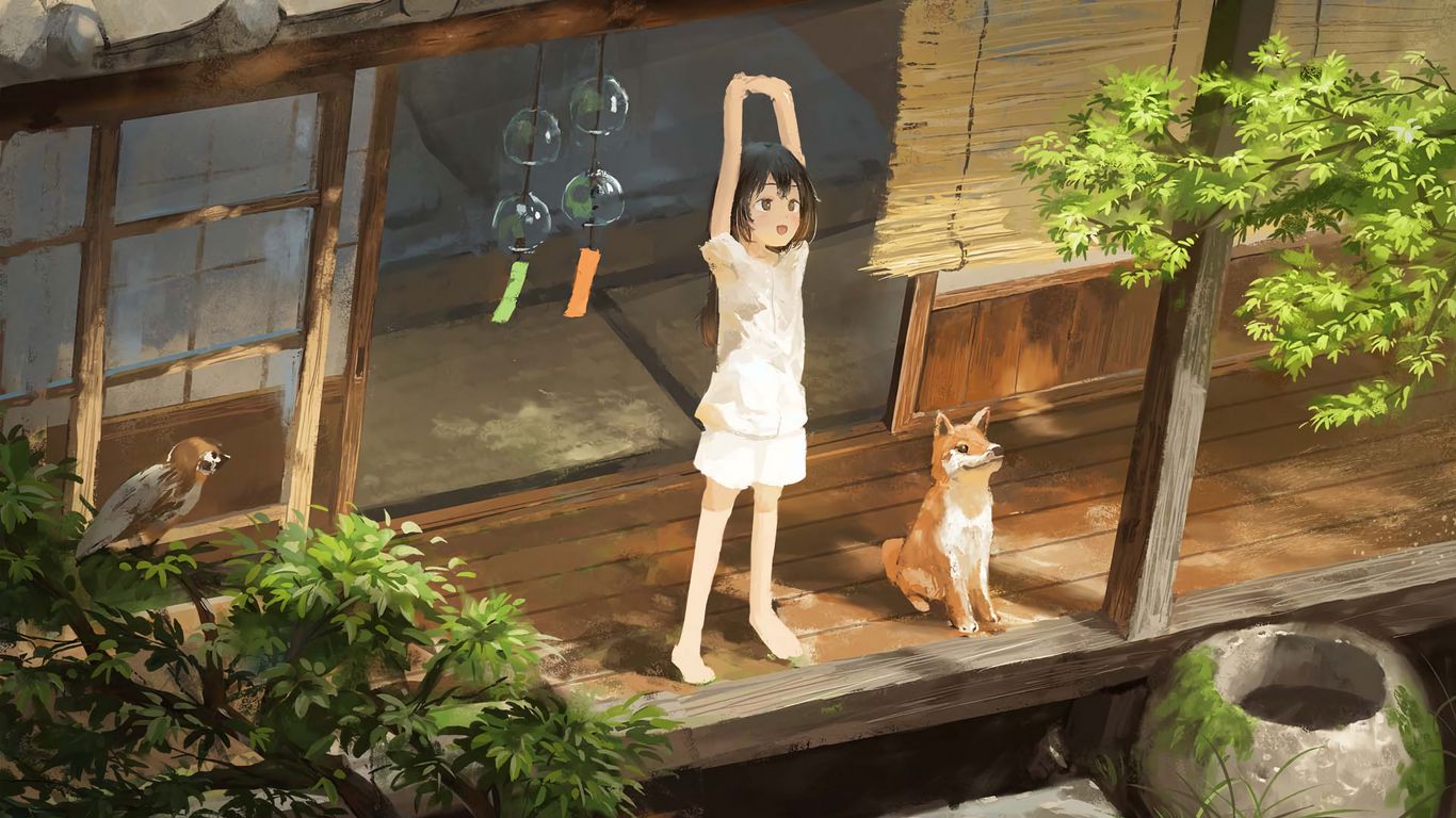 Download wallpaper 1366x768 girl, smile, dog, pet, morning, anime tablet, laptop HD background