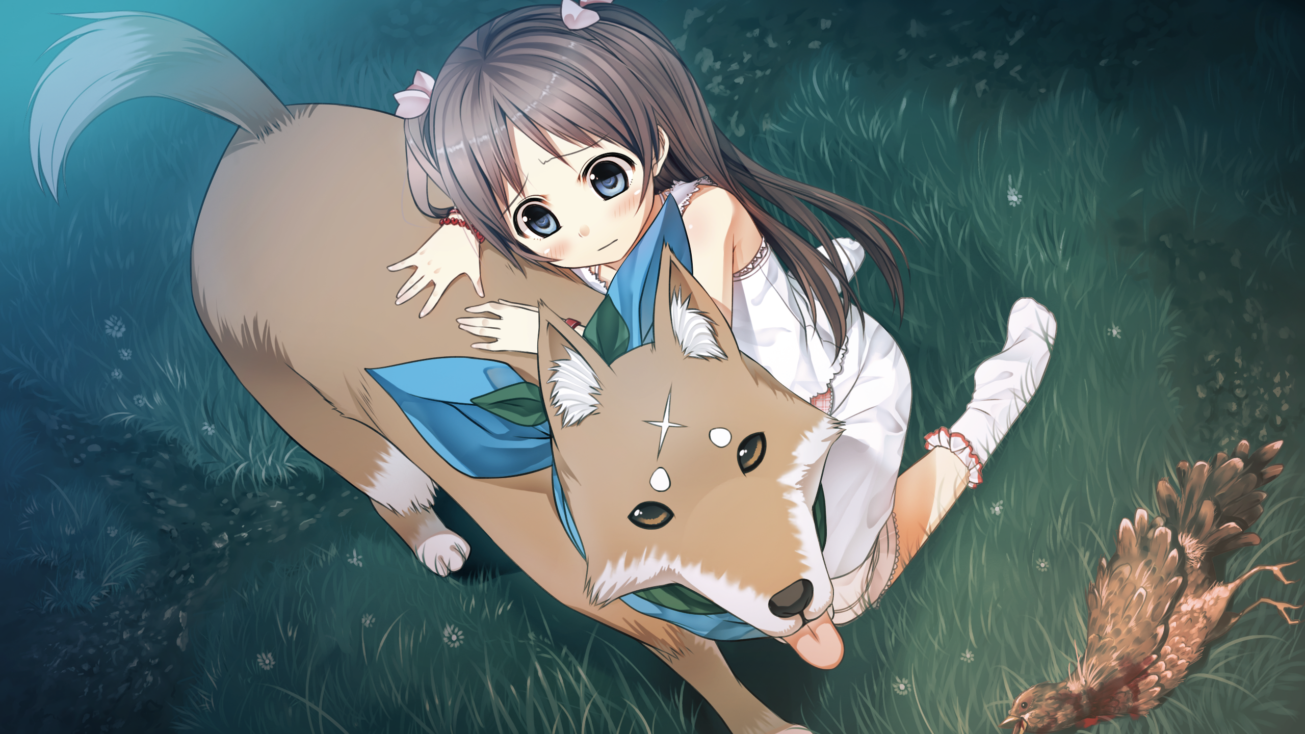 Wallpaper / Sawai Natsuha, blue eyes, blood, dog, anime girls, Monobeno free download