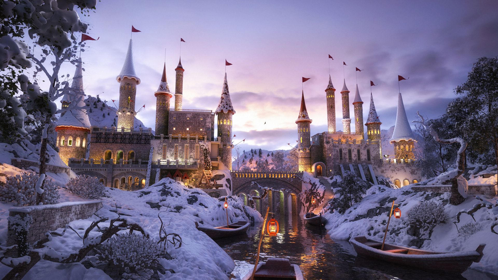 Download wallpaper 1920x1080 castle, winter, fantasy, art, full hd, hdtv, fhd, 1080p wallpaper, 1920x1080 HD background, 15682