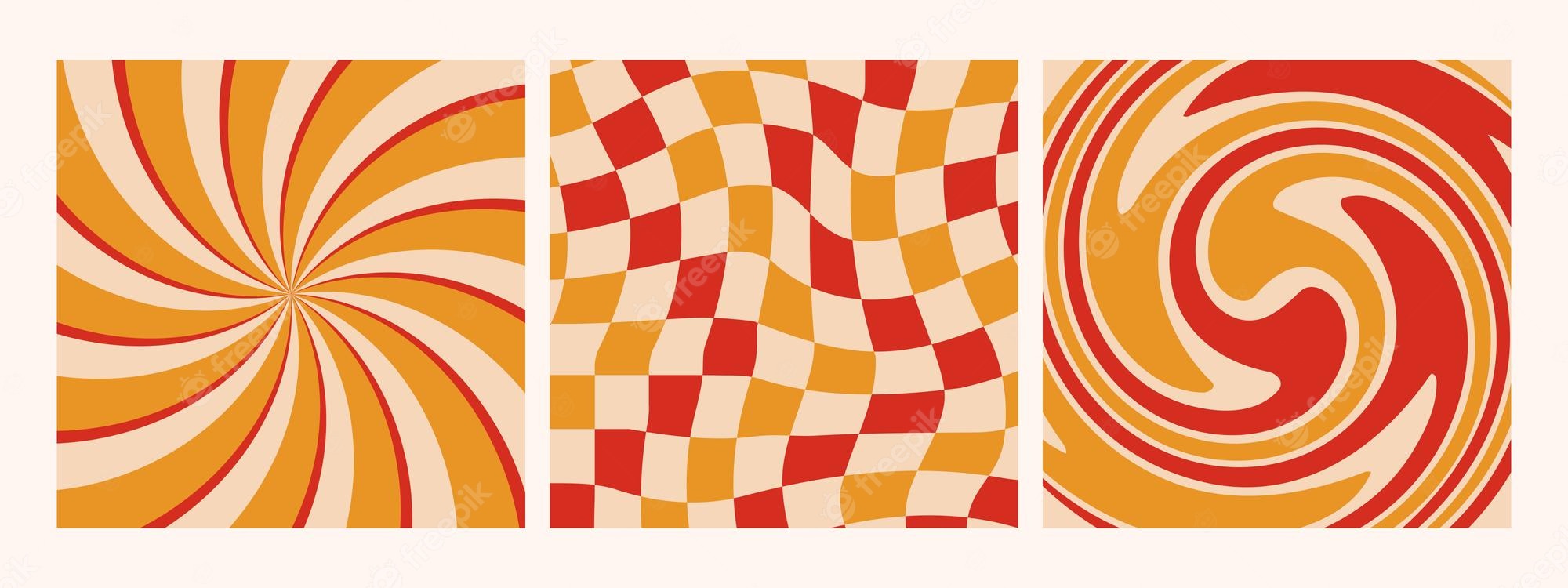 Premium Vector. Hippie retro 70s background collection. abstract waves, swirl, twirl and checkered wallpaper