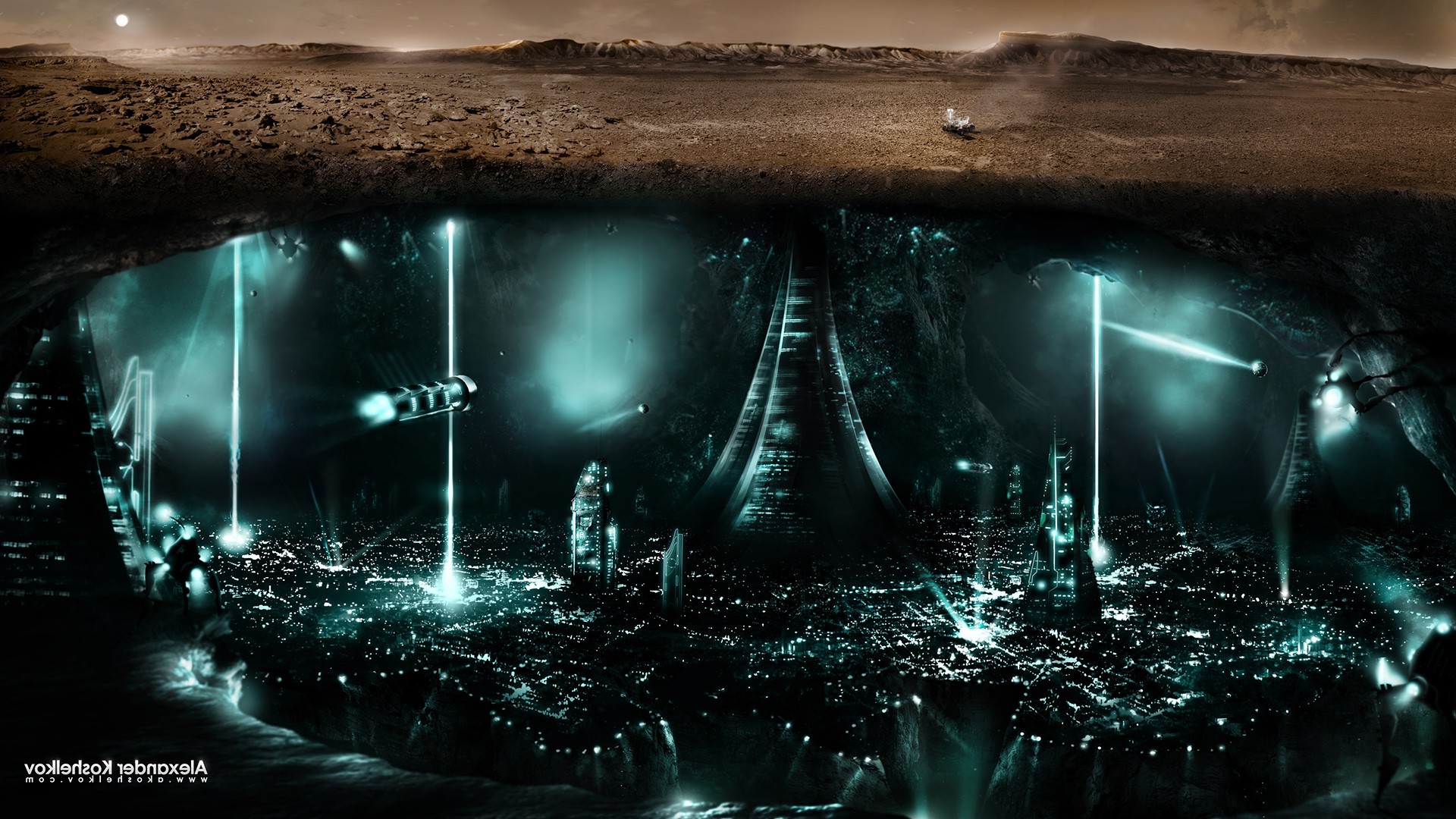 Wallpaper, 1920x1080 px, city, lights, Mars, science fiction, space, split view 1920x1080