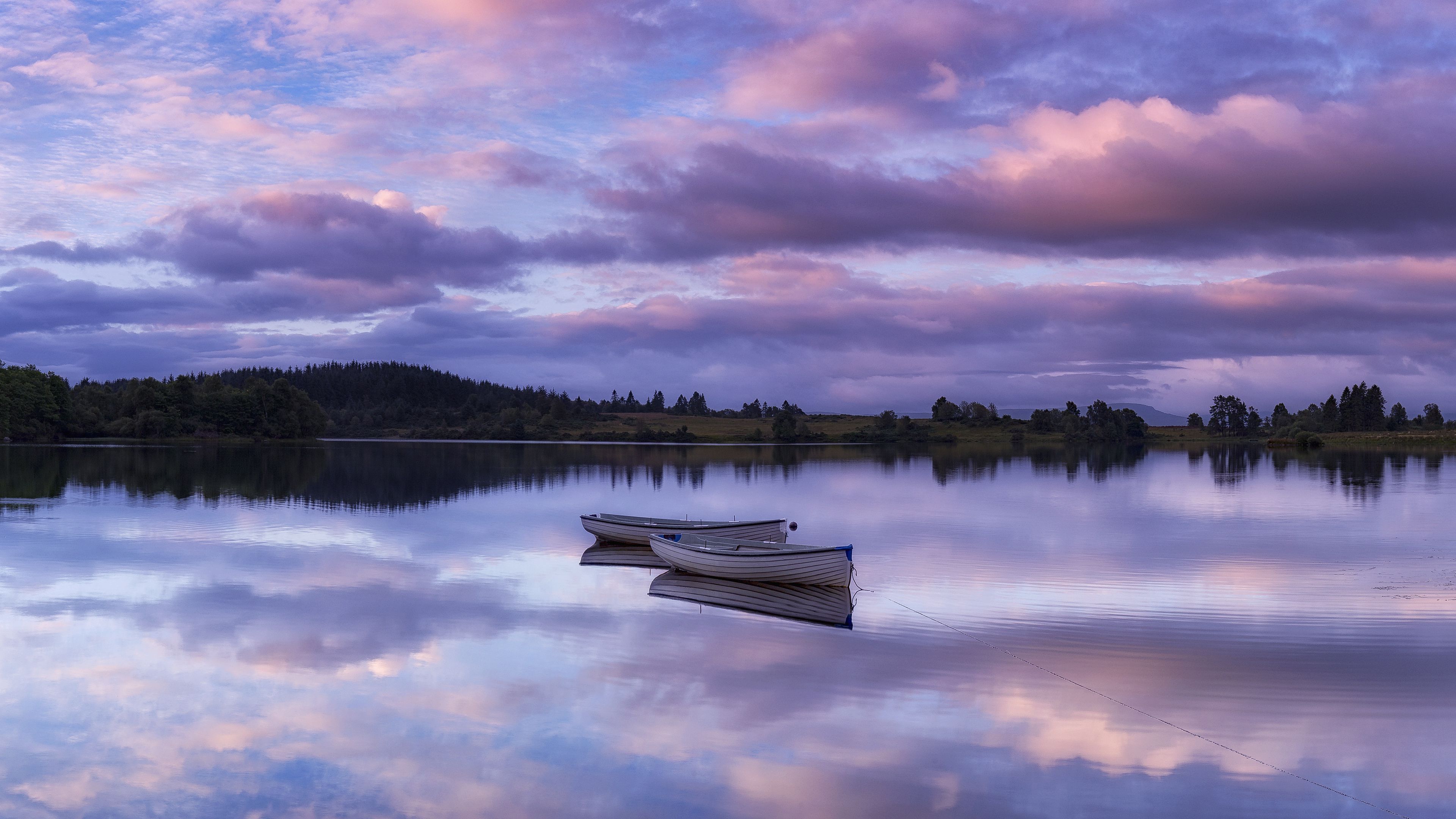 Wallpaper / lake, boats, skyline, sunrise, dawn, loch rusky, loch lomond, trossachs, scotland, 4k free download