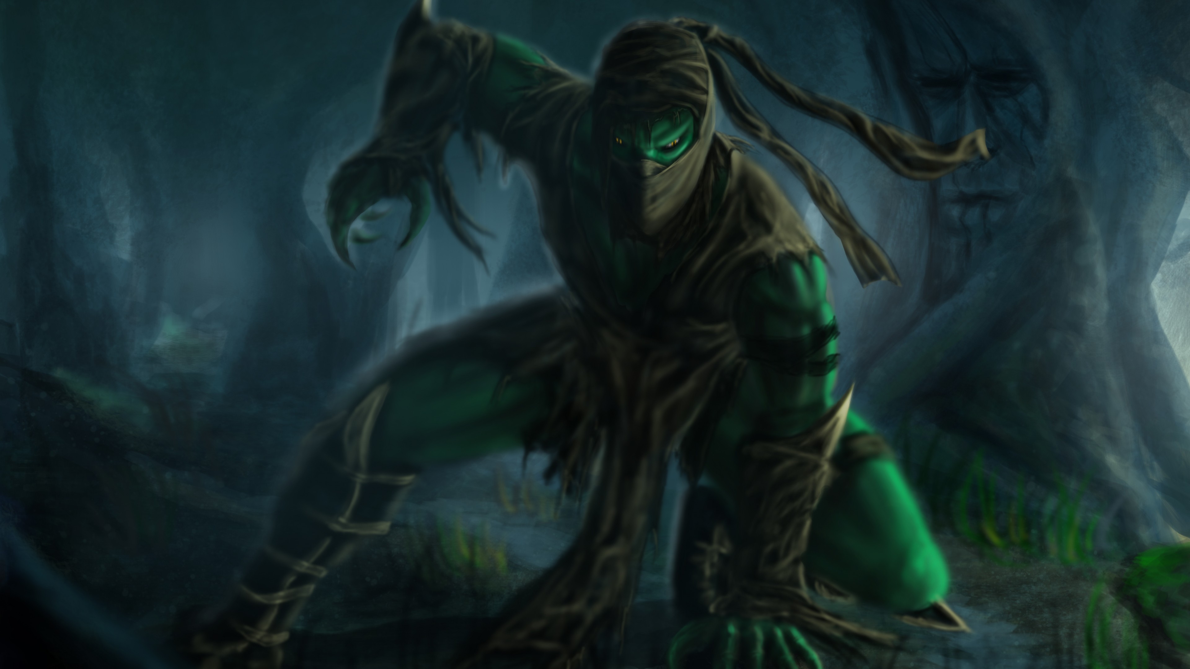 Wallpaper Mortal Kombat, game, fighting, Reptile, fan art, forest, Ents, mist, swamp, art, Games