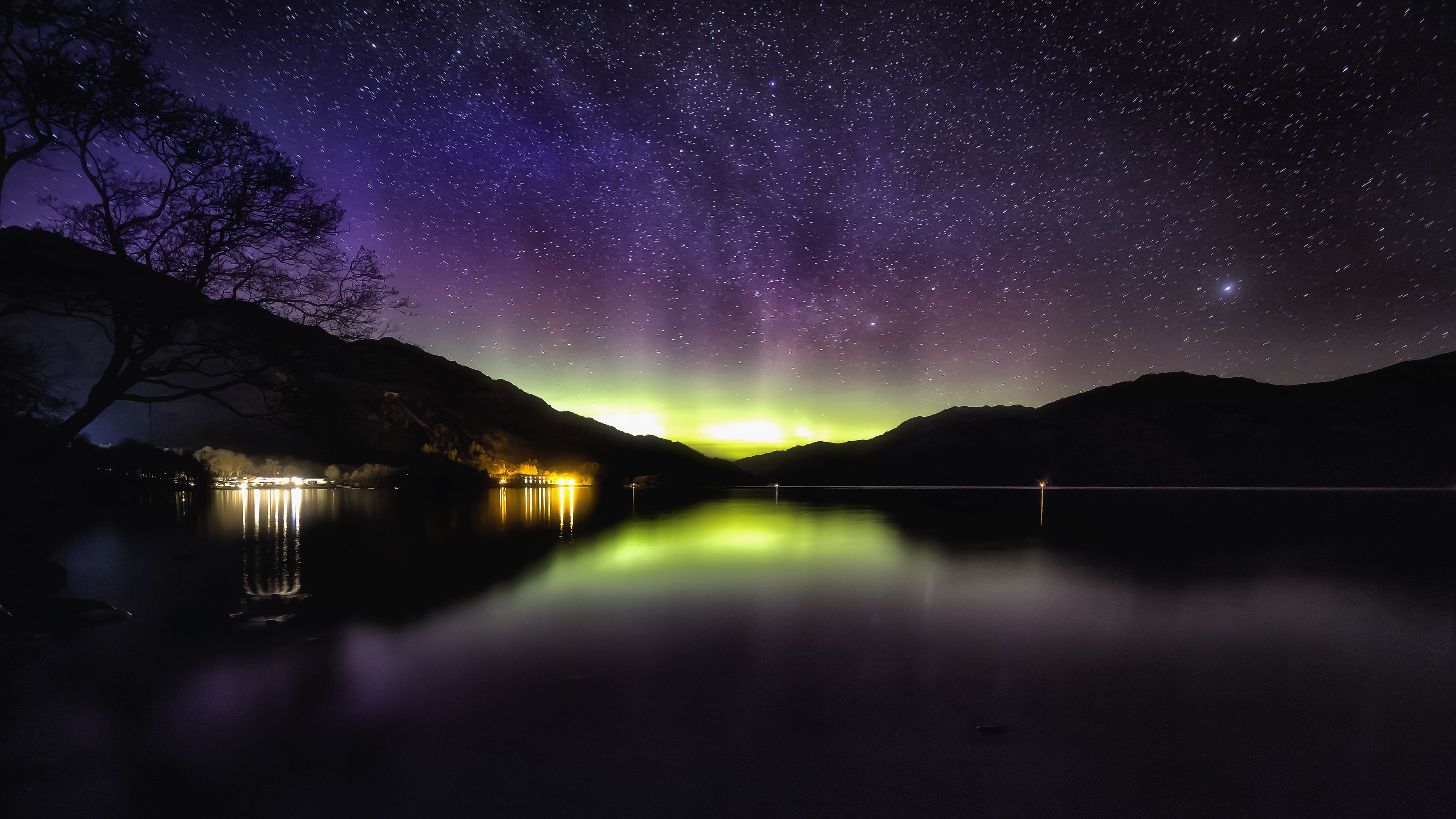 Wallpaper / aurora, starry sky, night, loch lomond, scotland, 4k free download