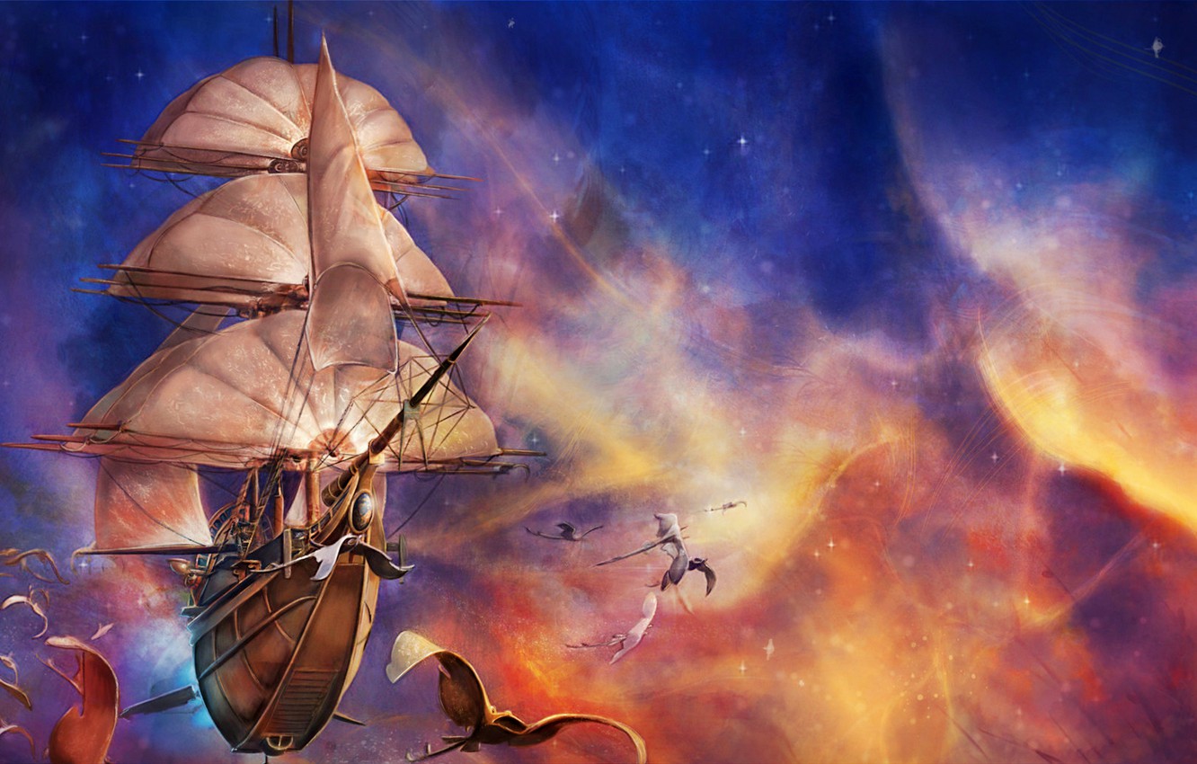 Wallpaper space, fantasy, flying, ship, artwork, fantasy art, creature, sails, Sailing ship image for desktop, section фантастика
